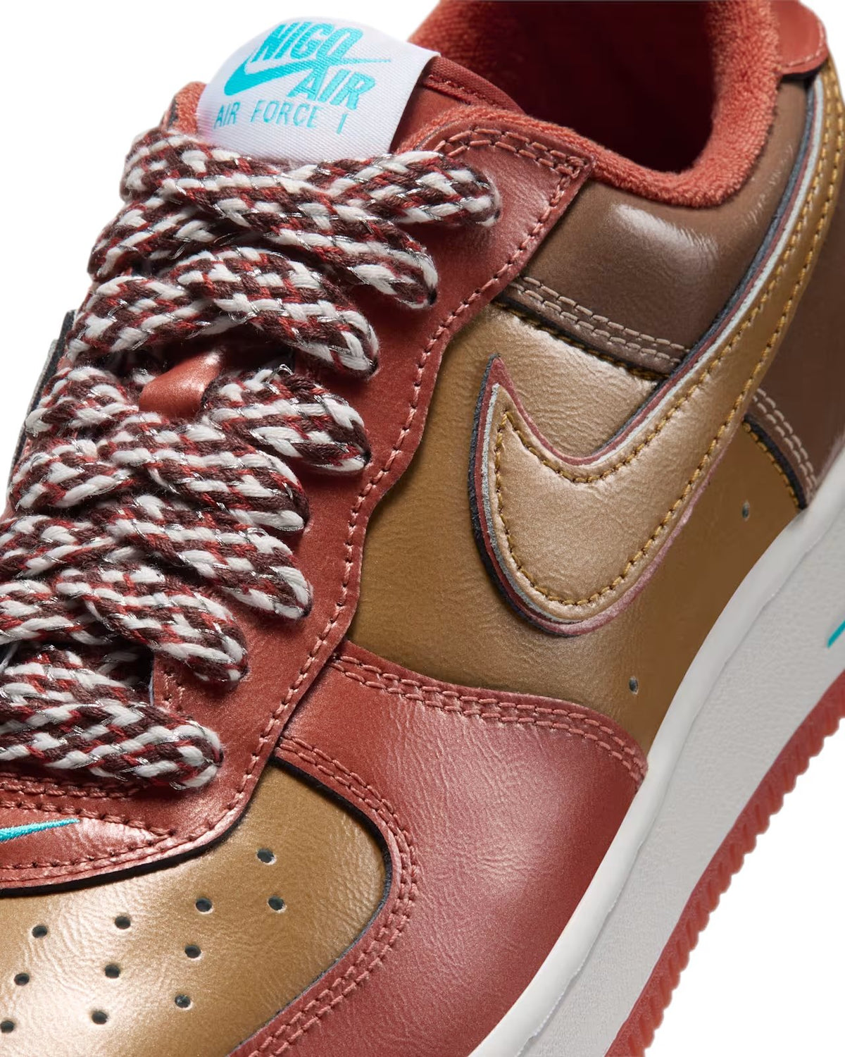 Close-up of 01 x Nigo x J-HOPE Nike Air Force 1 IO8766-800 showing detailed leather and laces.