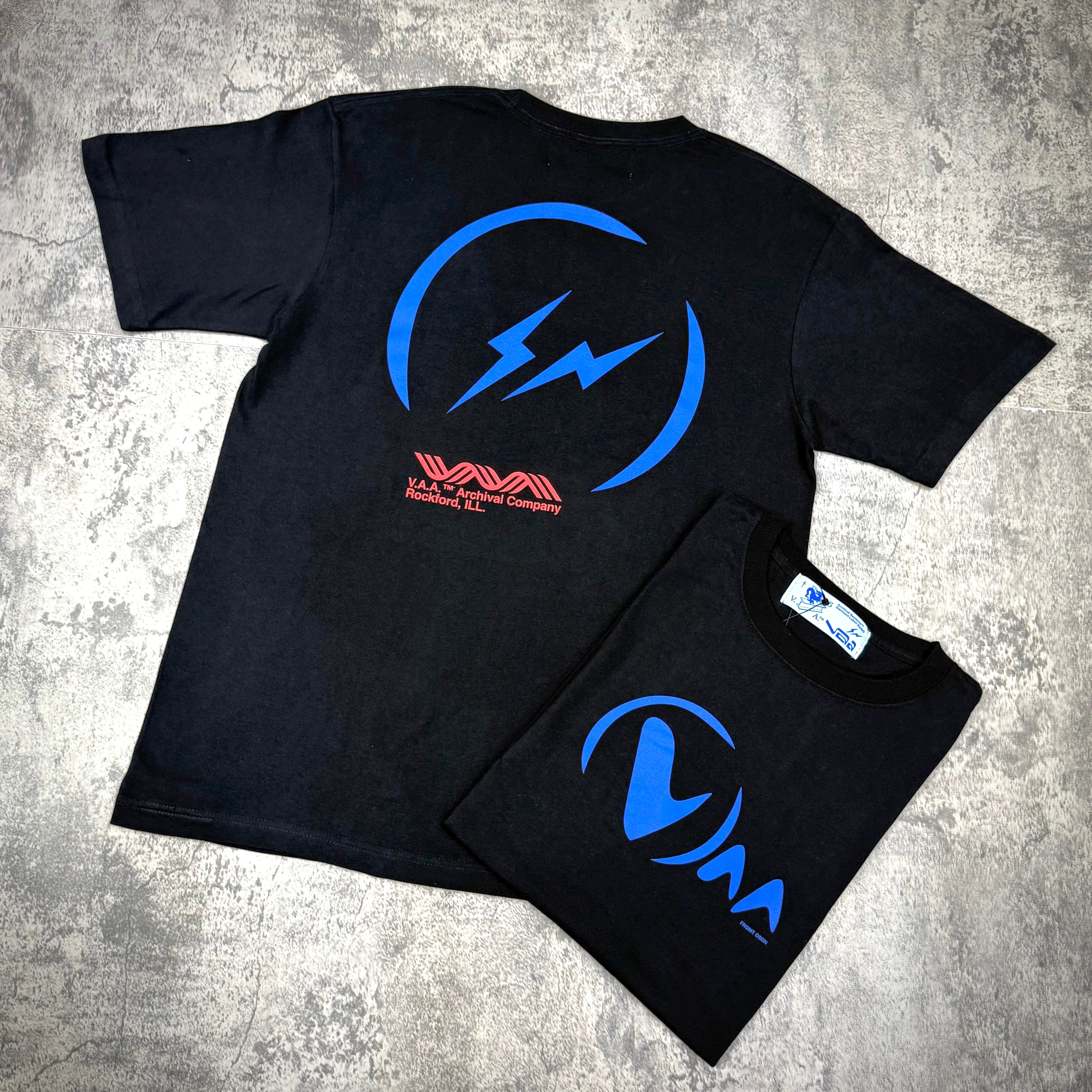 Fragment Design x Virgil Abloh Archive Logo Tee featuring graphic designs on black fabric.