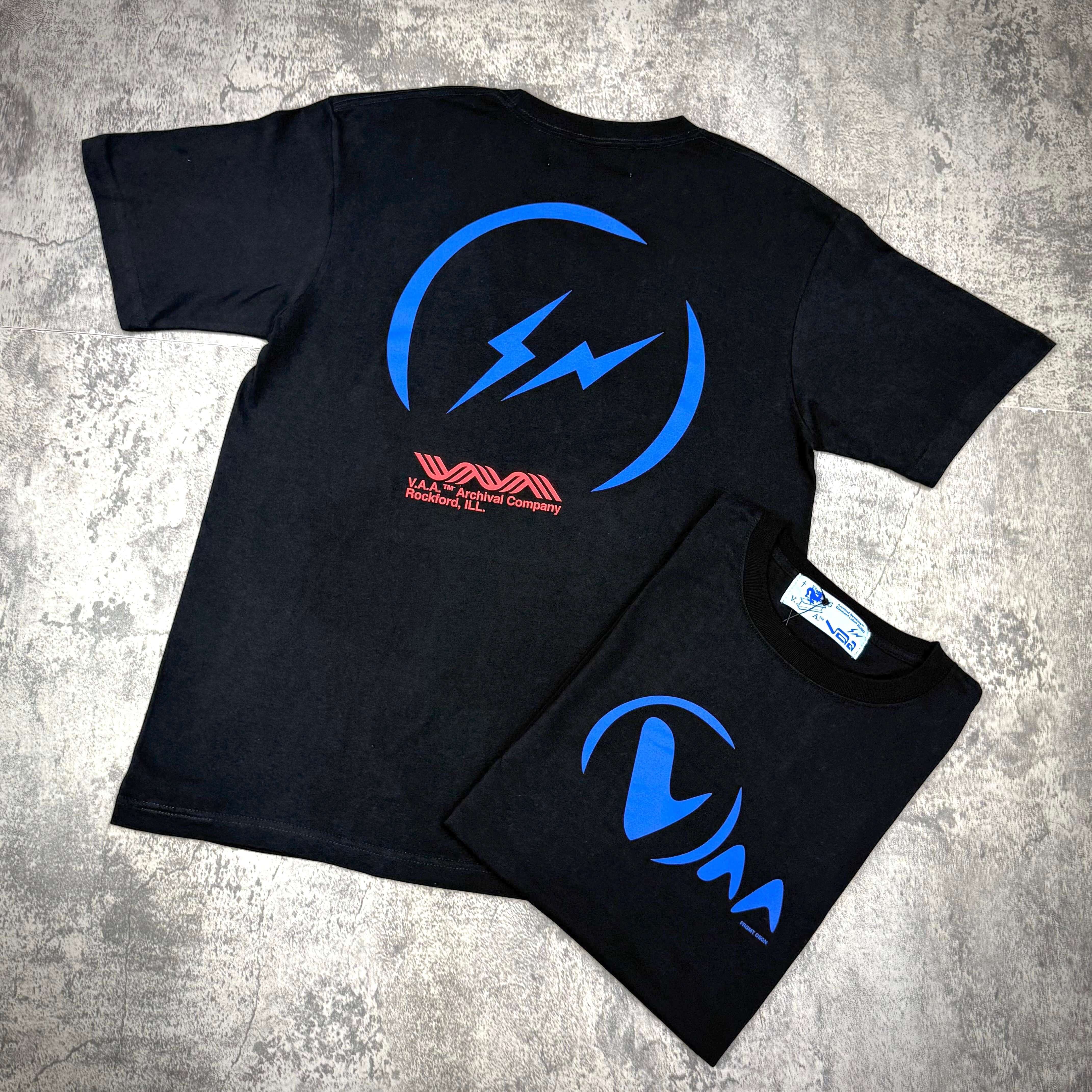 Fragment Design x Virgil Abloh Archive Logo Tee featuring graphic designs on black fabric.