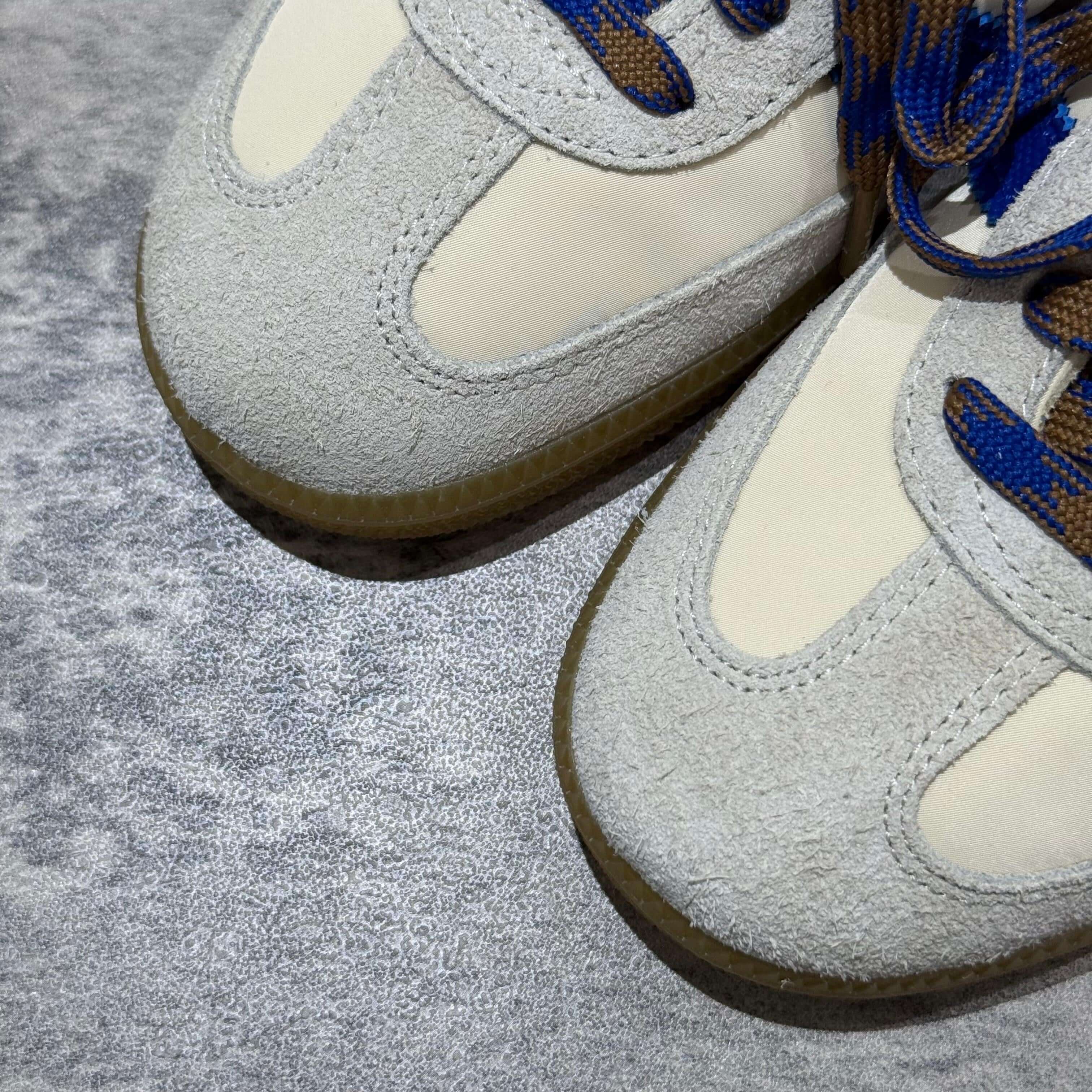 Wales Bonner x Adidas Originals Samba Nylon - Wonder Clay Royal Blue close-up of sneaker details and textures.