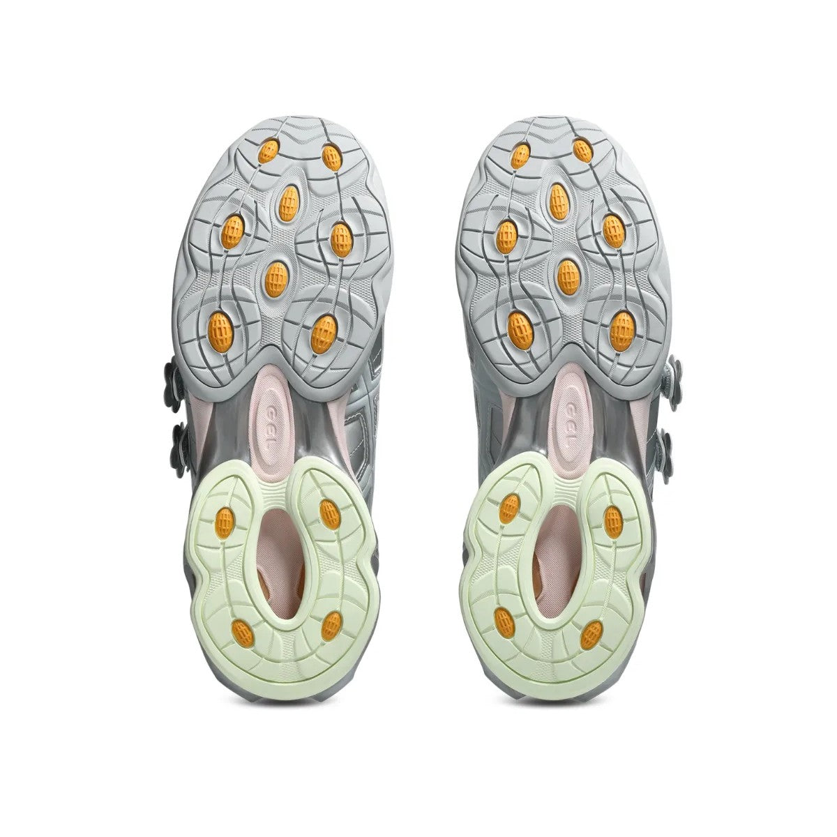 Sole view of Cecilie Bahnsen x Asics Gel-Kinetic FR - Pure Silver showing intricate traction details.