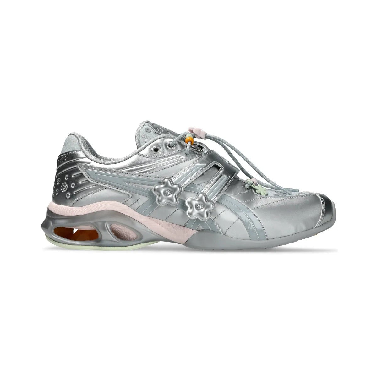 Cecilie Bahnsen x Asics Gel-Kinetic FR - Pure Silver side view with floral embellishments and sleek design.