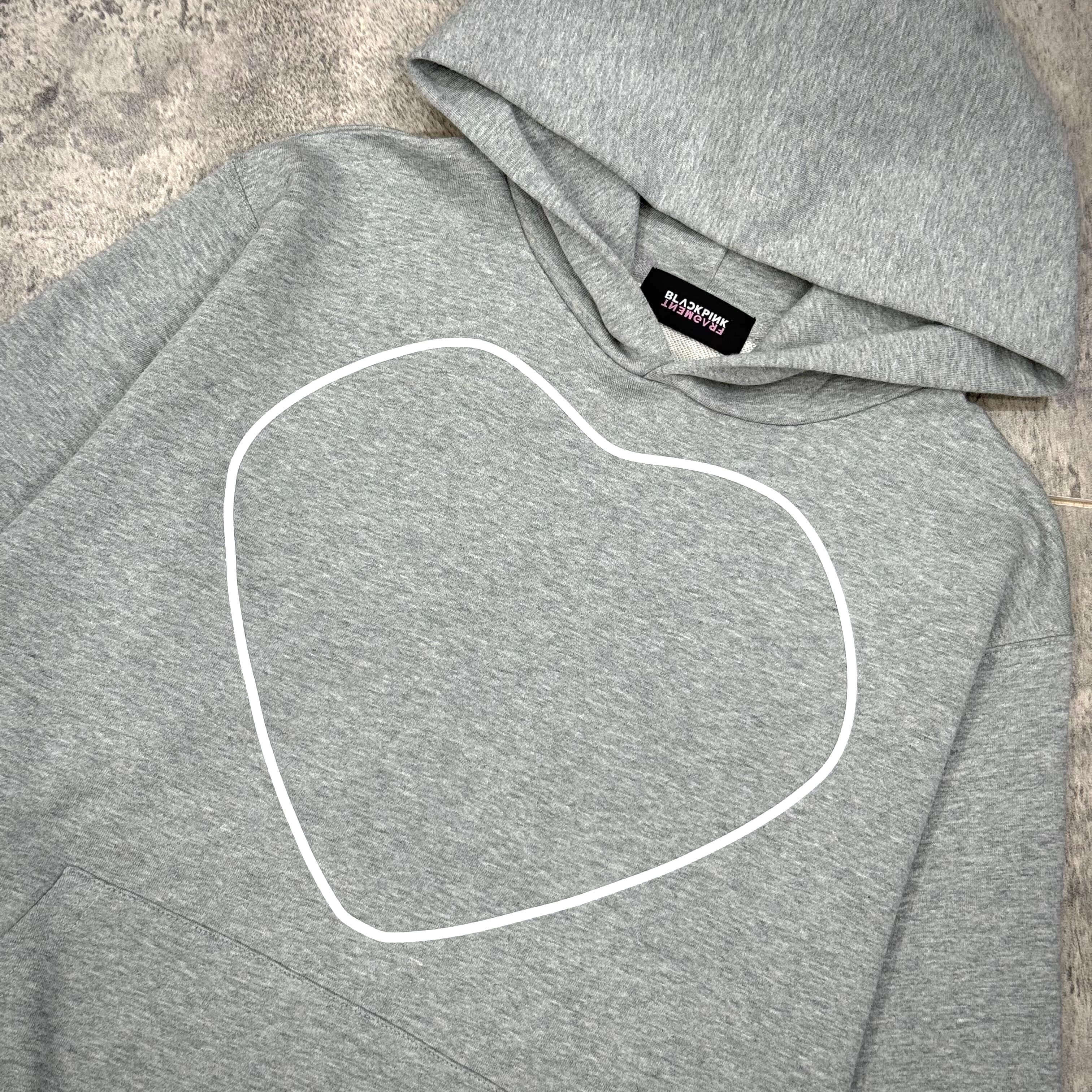 Fragment x Blackpink Heart Hoodie in gray with a white heart design on the front.