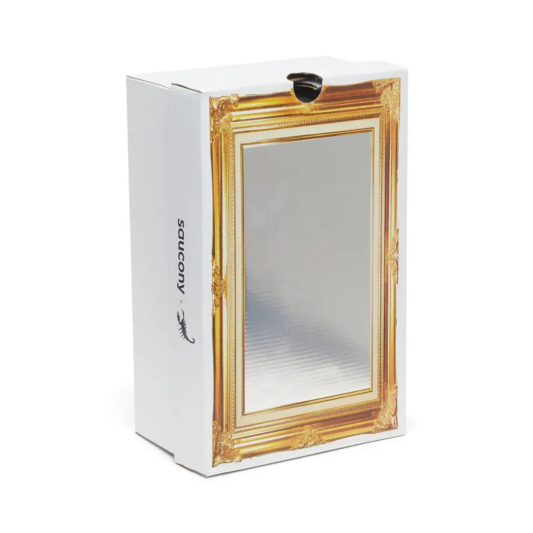 Saucony x Westside Gunn Grid Jazz 9 Awesome God packaging featuring a gold-framed mirror design.