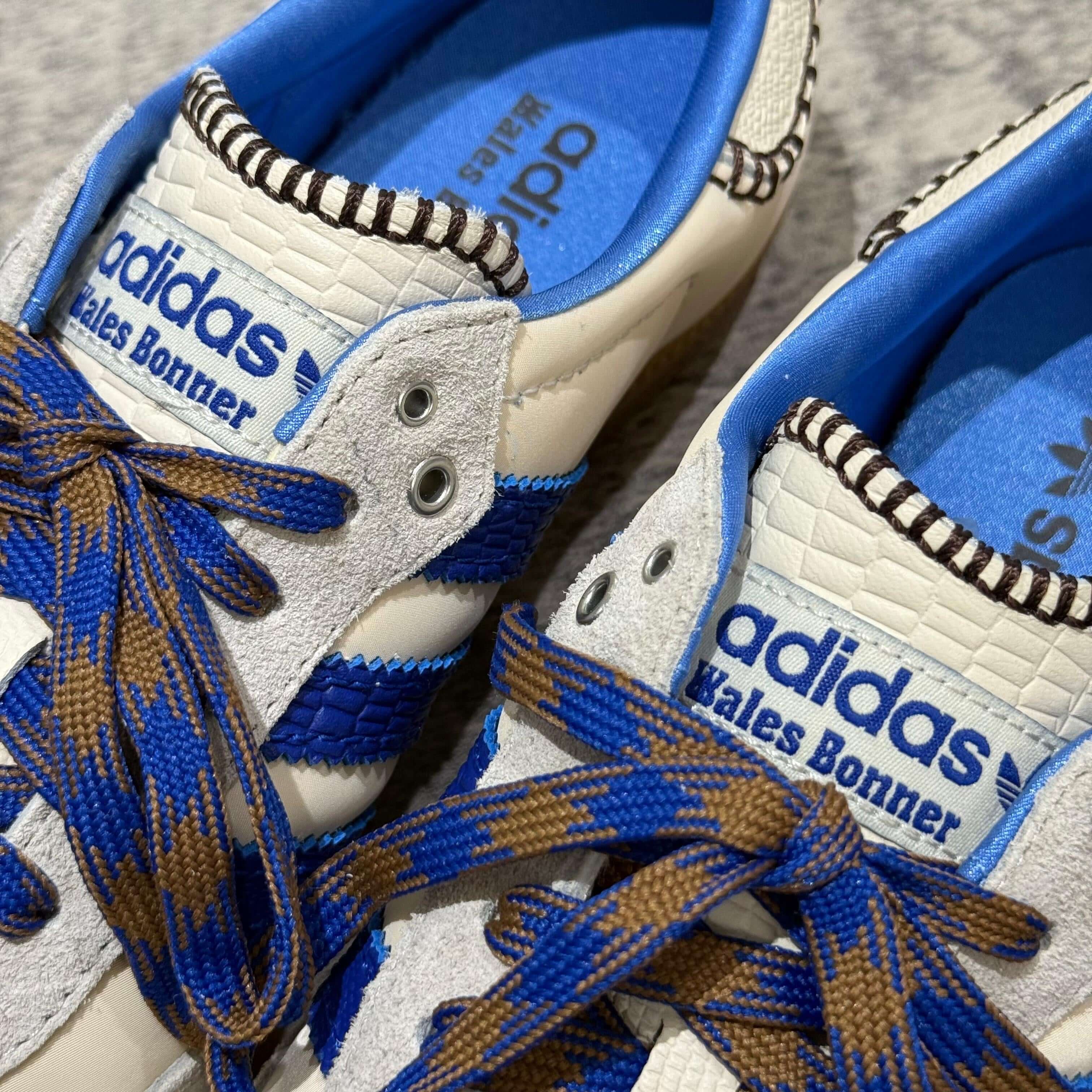 Wales Bonner x Adidas Samba Nylon sneakers in Wonder Clay and Royal Blue with unique laces and detailed branding.