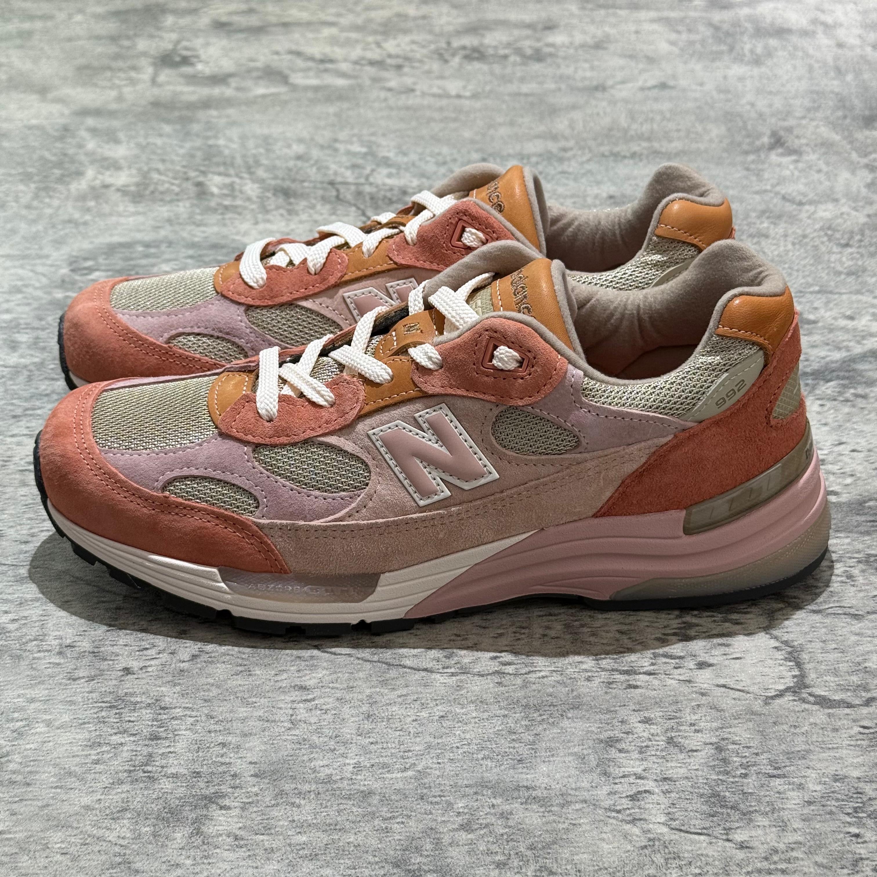 Joe Freshgoods x New Balance Made in USA 992 stylish sneakers featuring a blend of pink, tan, and gray colors.