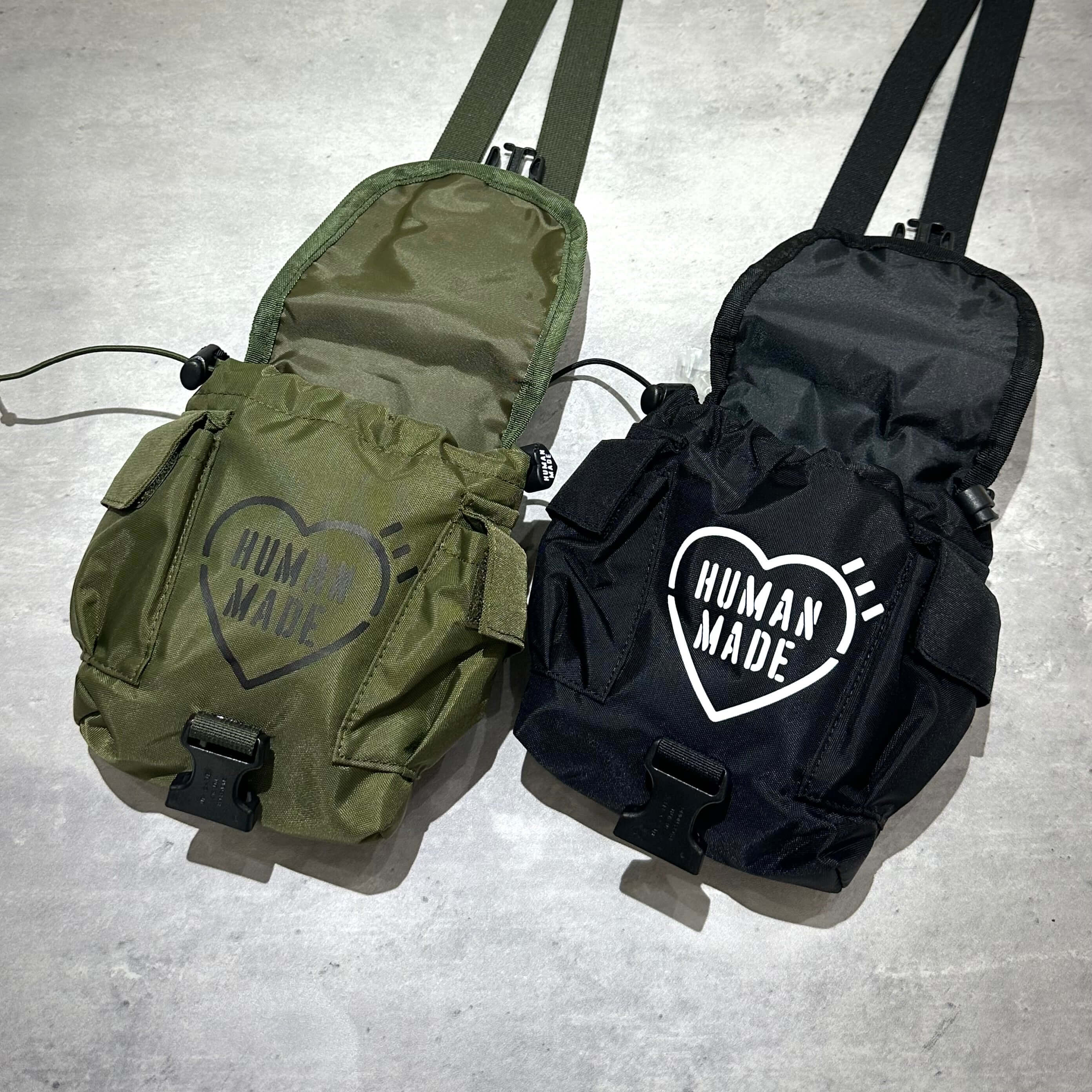 Human Made Military Multi Pouch,綠色與黑色兩款軍事多功能背包,展示內部結構與設計。