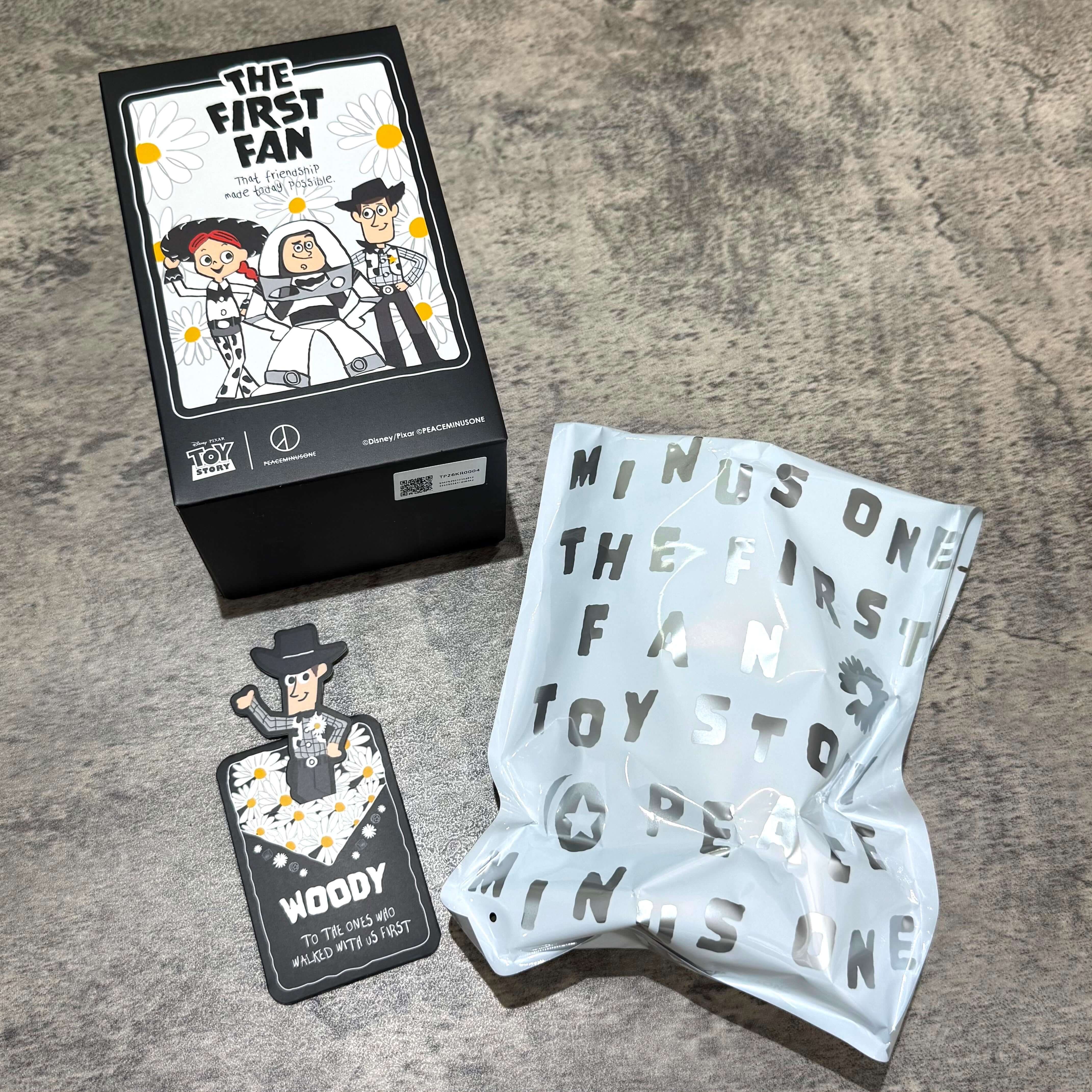 PEACEMINUSONE x Toy Story The First Fan - Blind Box Plush Key Ring Packaging and Woody Tag