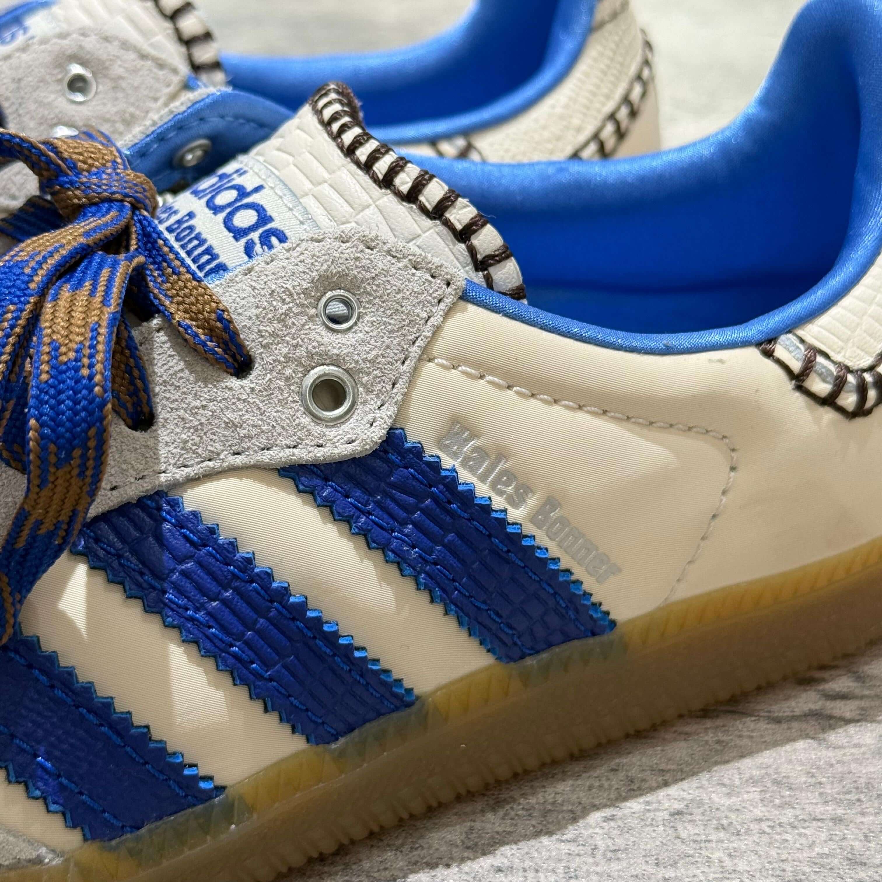 Wales Bonner x Adidas Originals Samba Nylon - Wonder Clay Royal Blue close-up showing blue stripes and details.