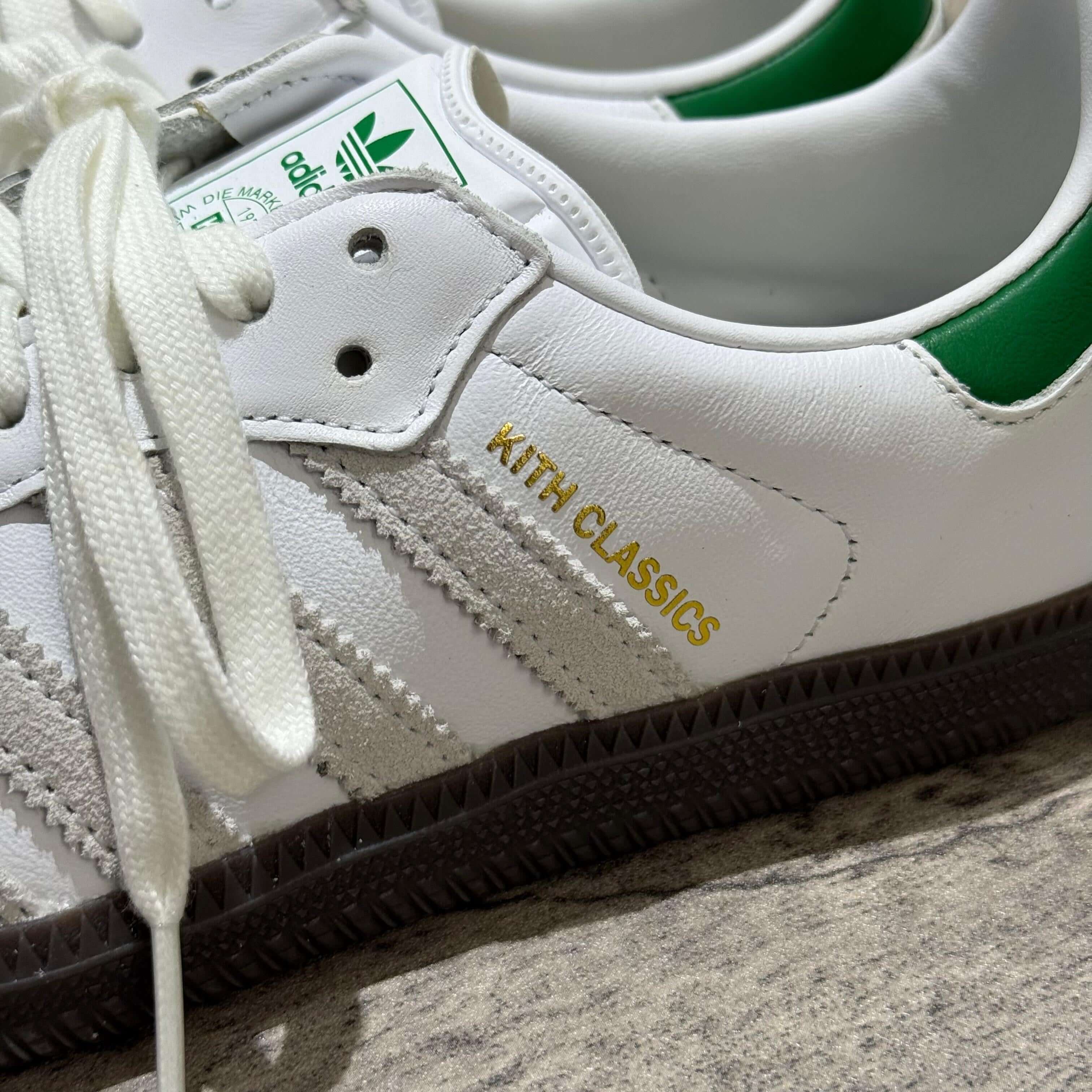 Kith Classic x Adidas Original Samba OG - White/Green close-up featuring KITH CLASSICS branding on side
