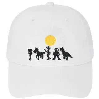 PEACEMINUSONE x Toy Story cap featuring iconic character silhouettes and sun design on a white hat.