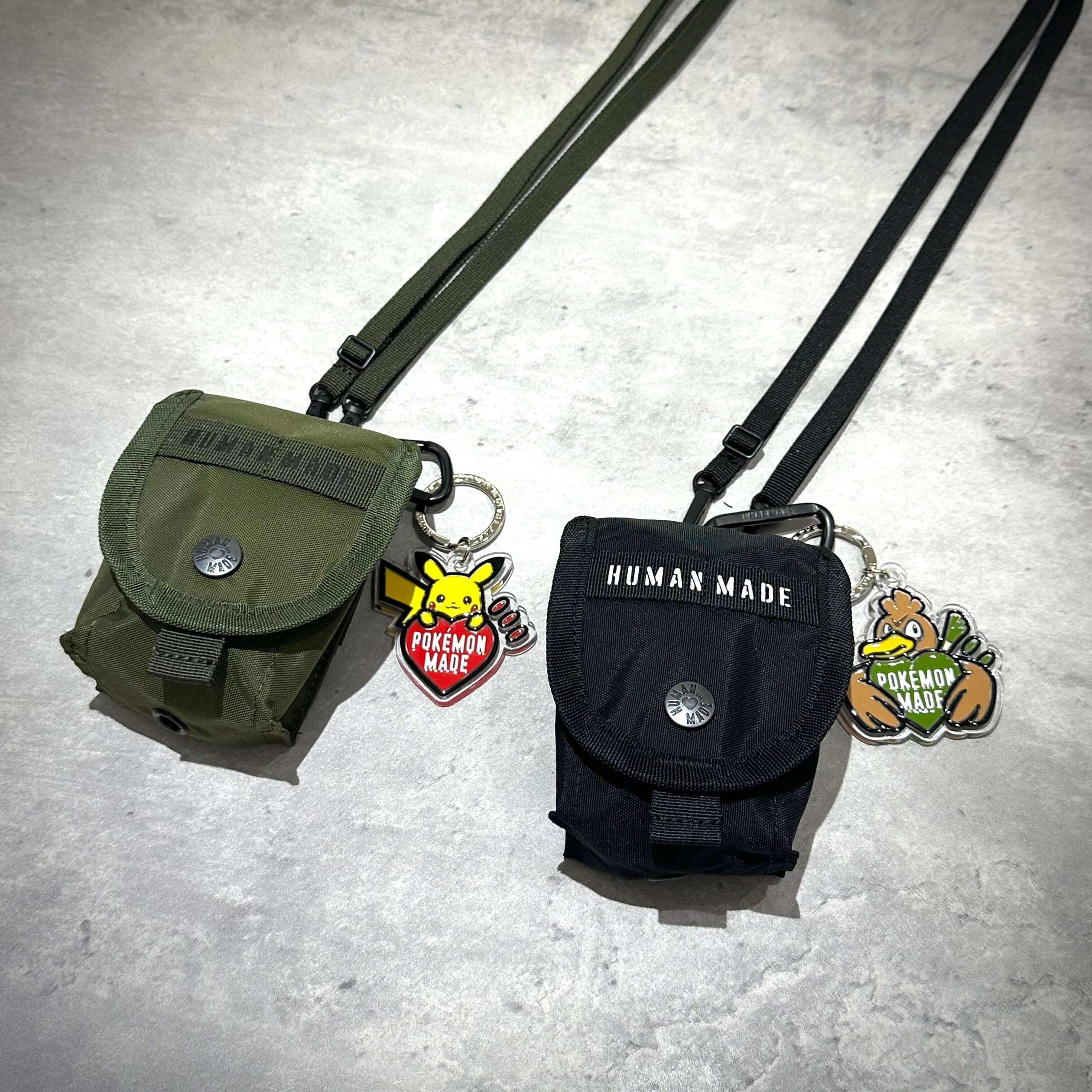 Human Made Military Multi Pouch Mini in green and black with Pokémon keychains