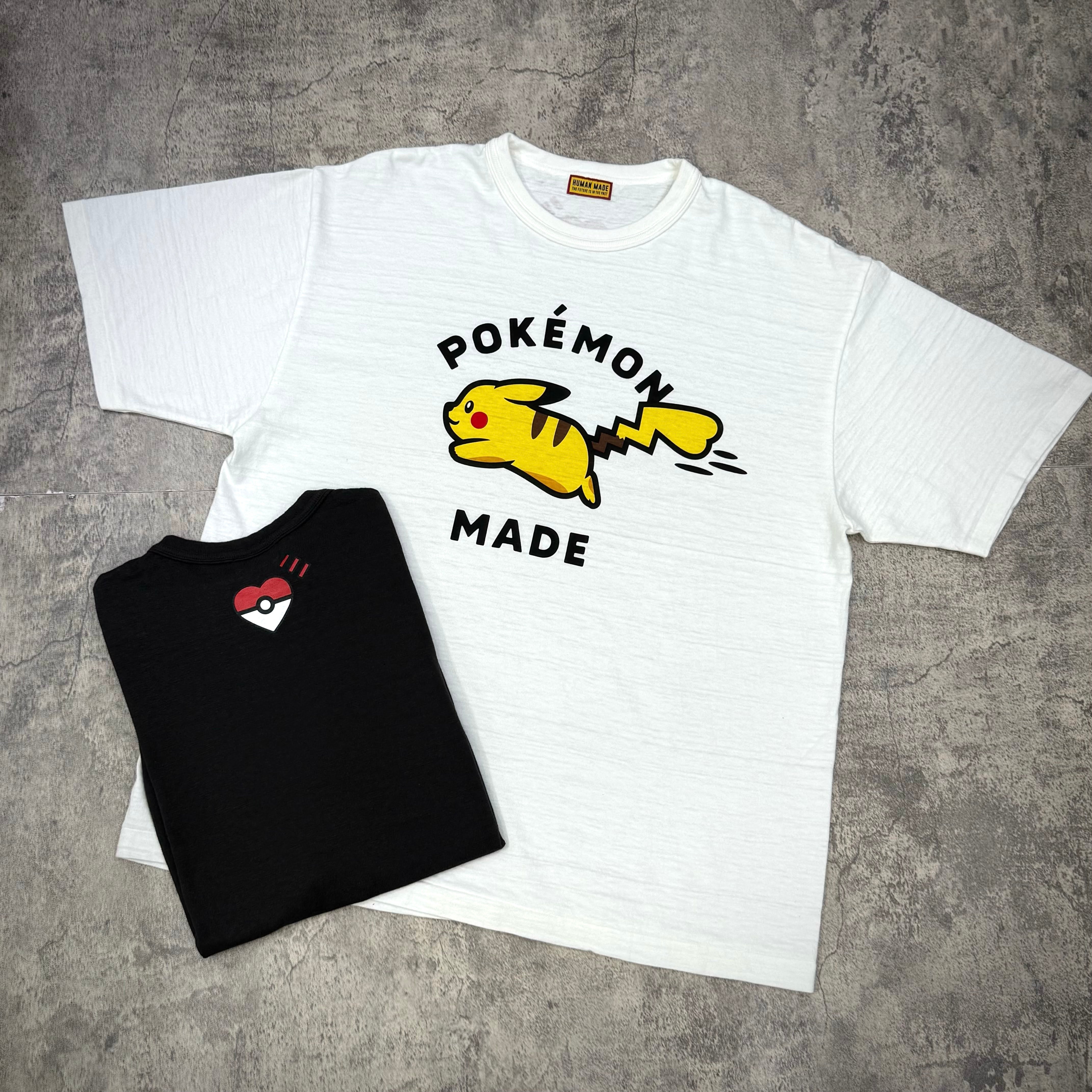 Human Made x Pokemon Graphic Tee featuring Pikachu design on white shirt with black Pokemon logo tee.