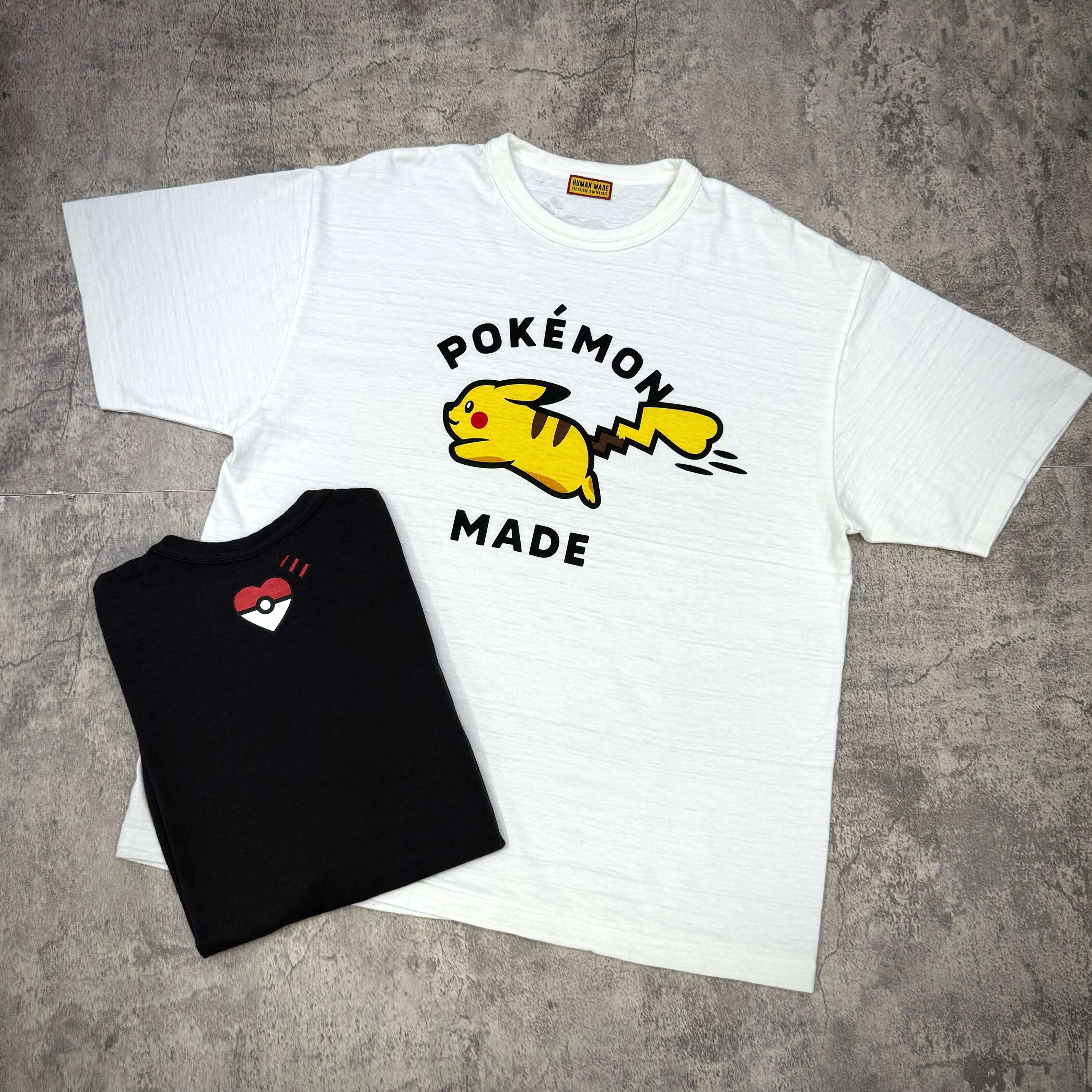 Human Made x Pokemon Graphic Tee featuring Pikachu design on white shirt with black Pokemon logo tee.