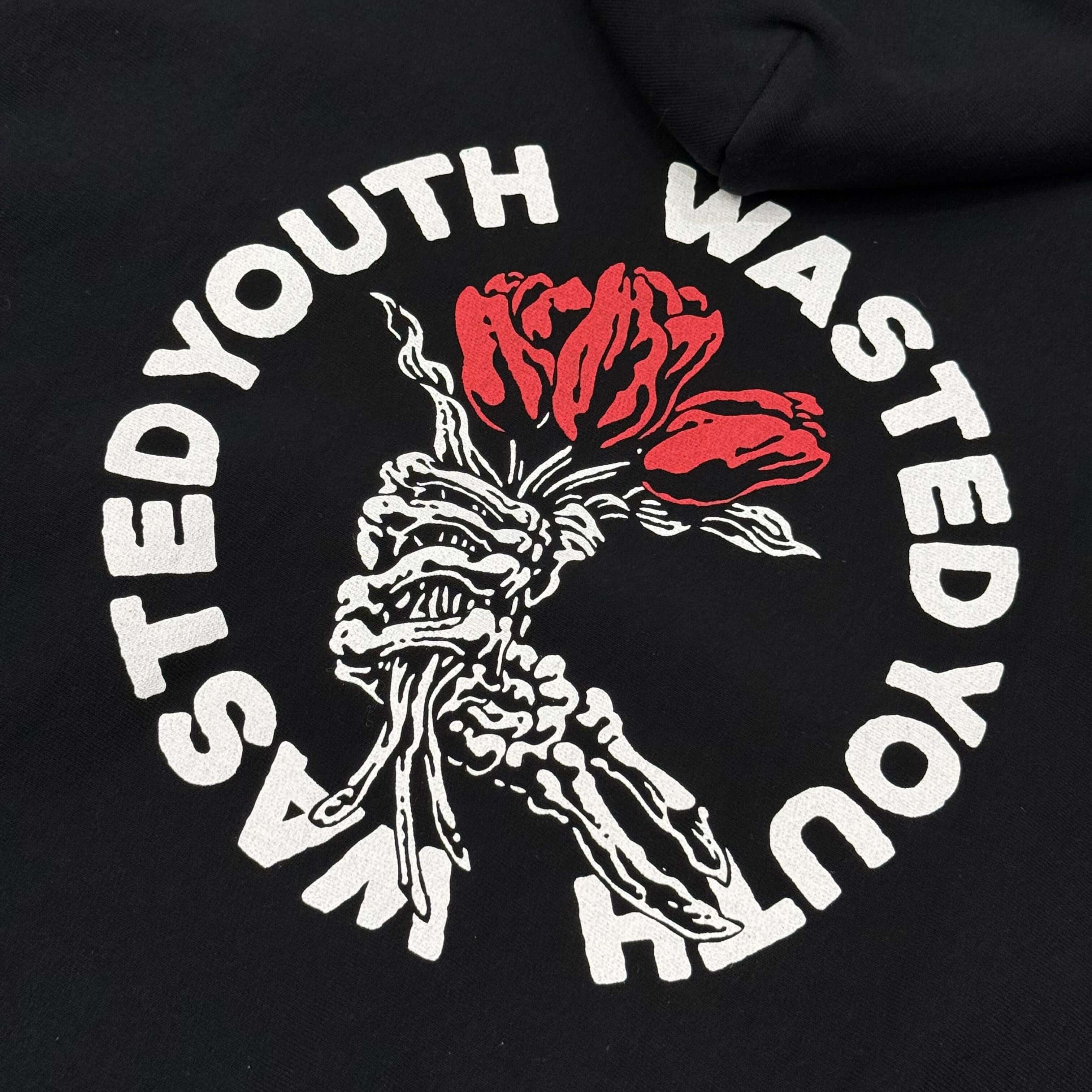 Wasted Youth Heavy Weight Hoodie #2 - Black with red rose graphic design on chest.