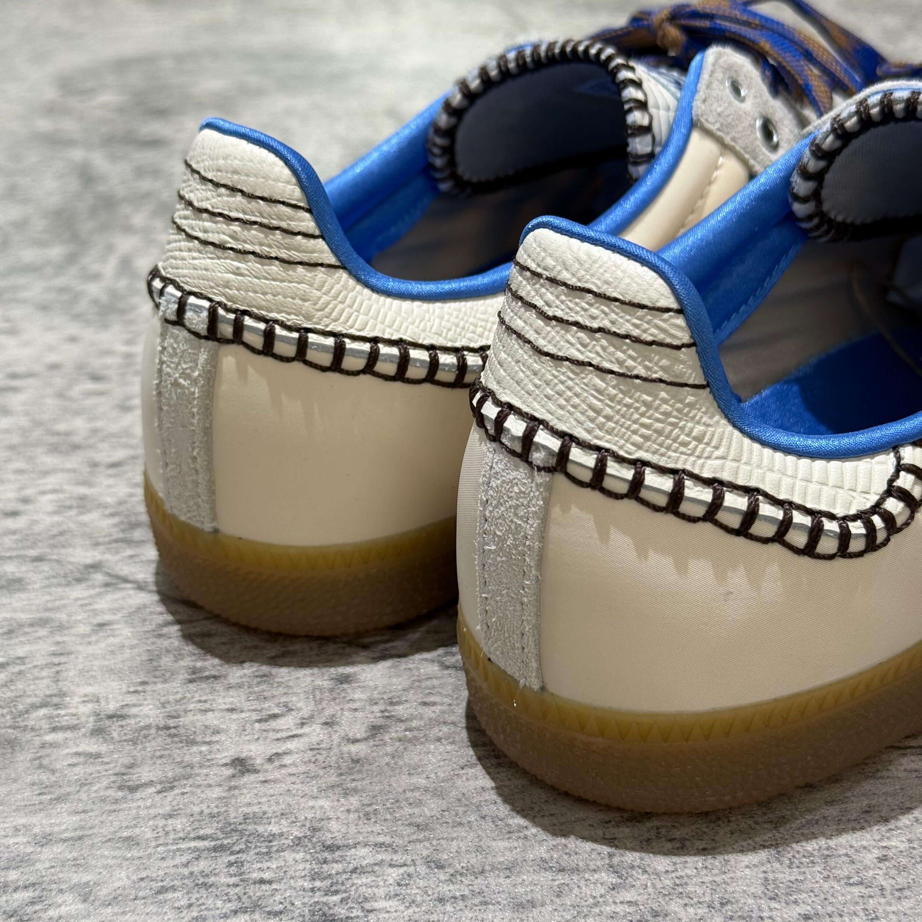 Wales Bonner x Adidas Originals Samba Nylon in Wonder Clay Royal Blue, showcasing the back view of the sneakers.