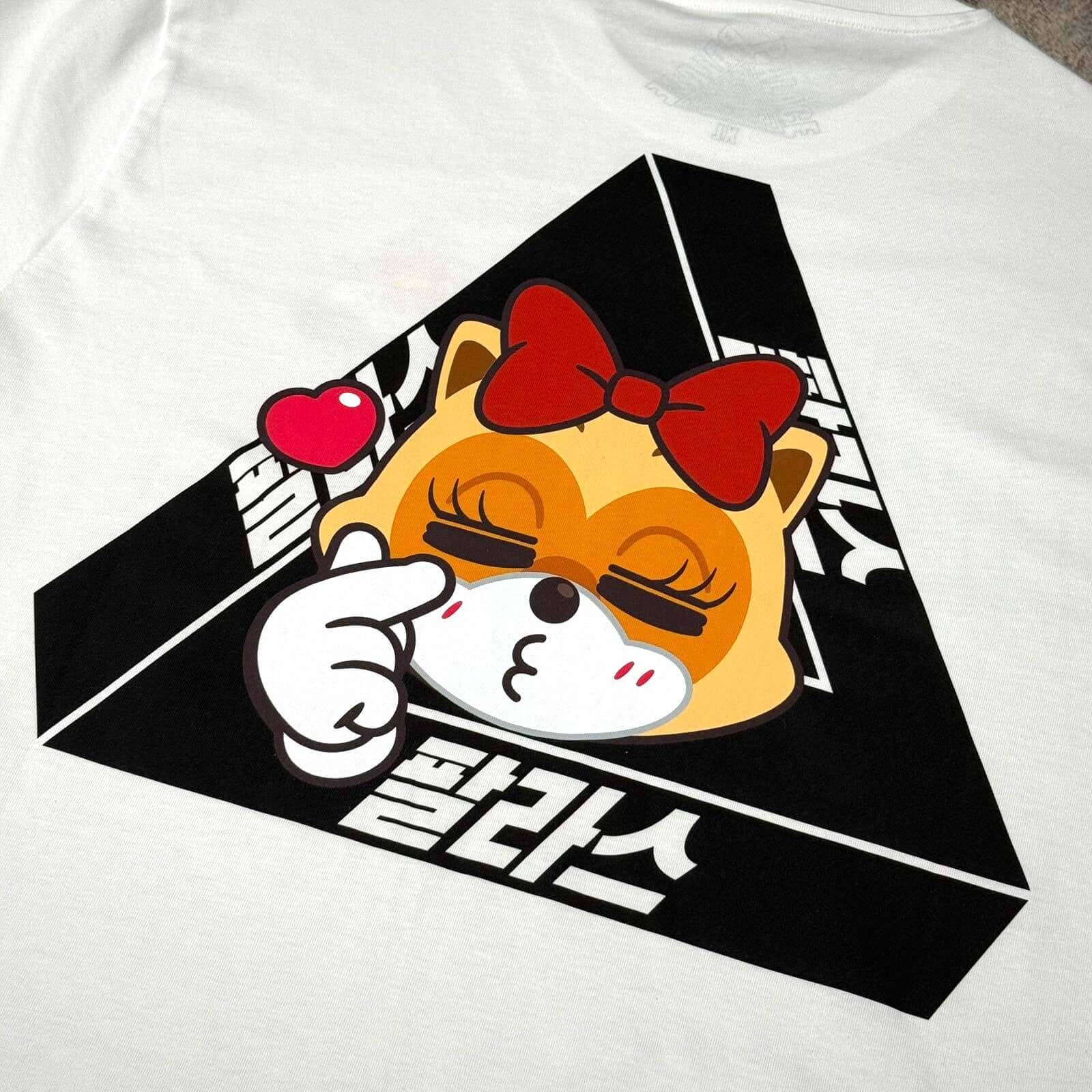 Palace Jamsil Exclusive Lotte Tri-ferg Tee featuring a cartoon dog design with a bow and heart.