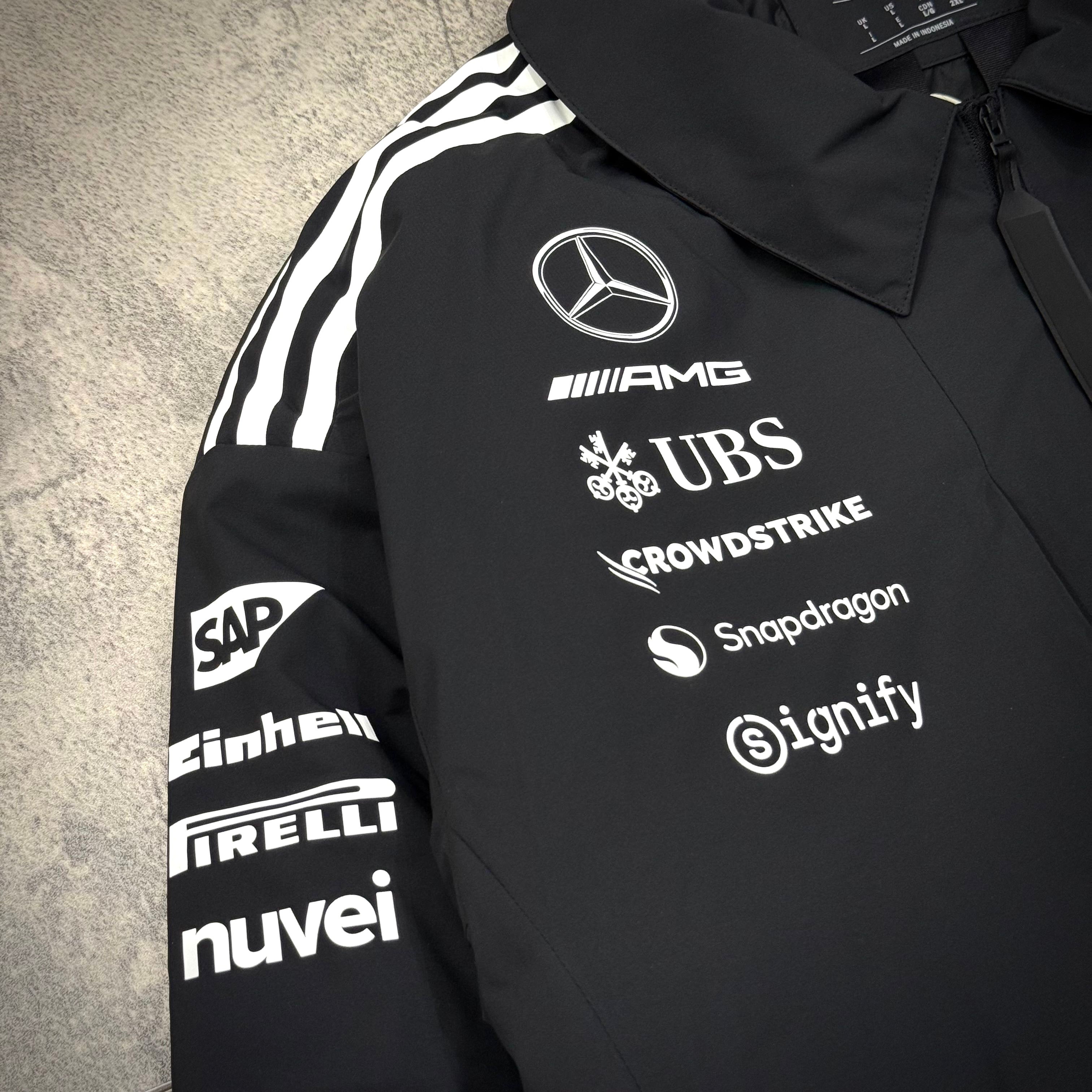 Adidas x Mercedes AMG Petronas 2025 F1 Team Jacket JX0748 close-up with sponsorship logos