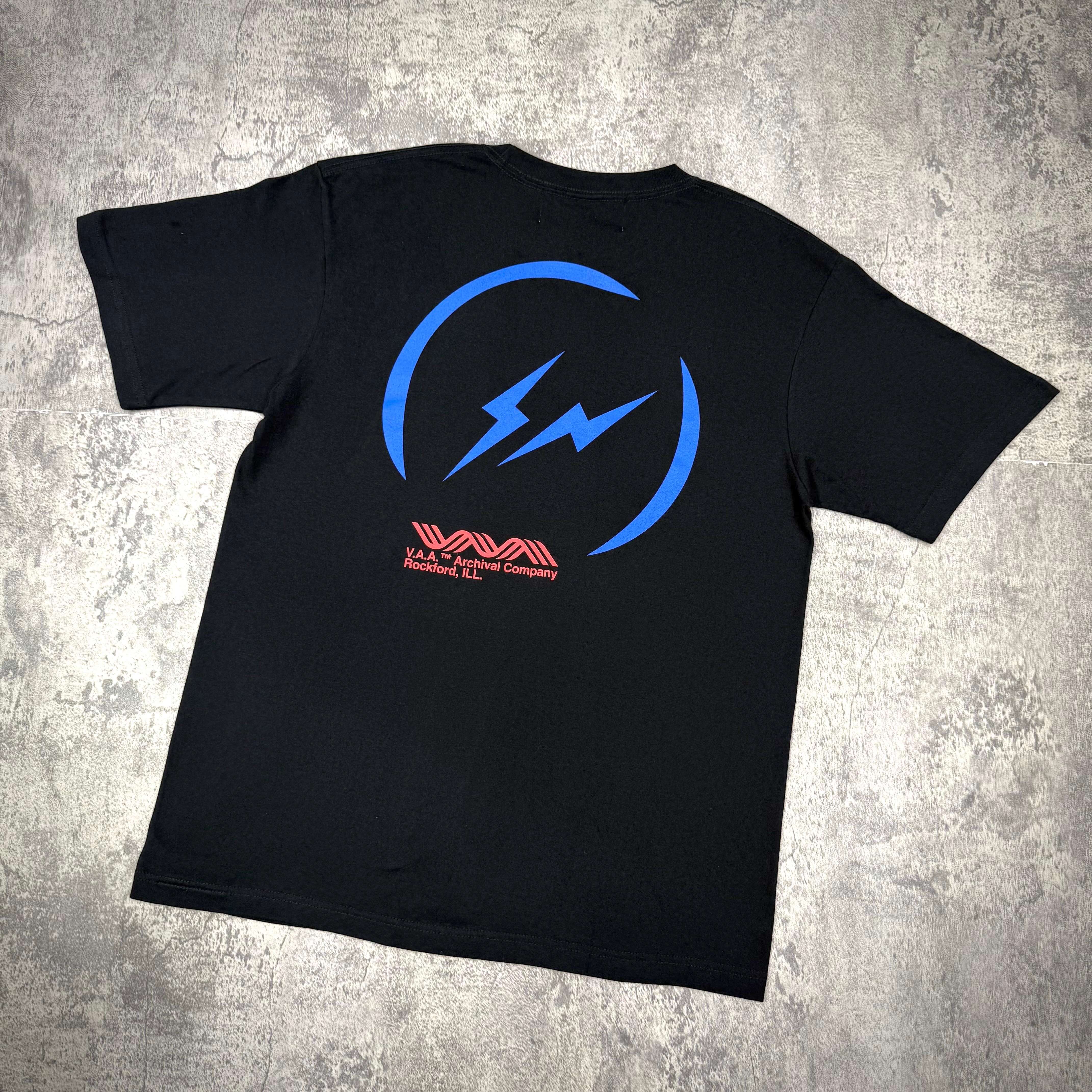 Fragment Design x Virgil Abloh Archive Logo Tee featuring a blue lightning design on a black tee, VA Tokyo Exclusive.