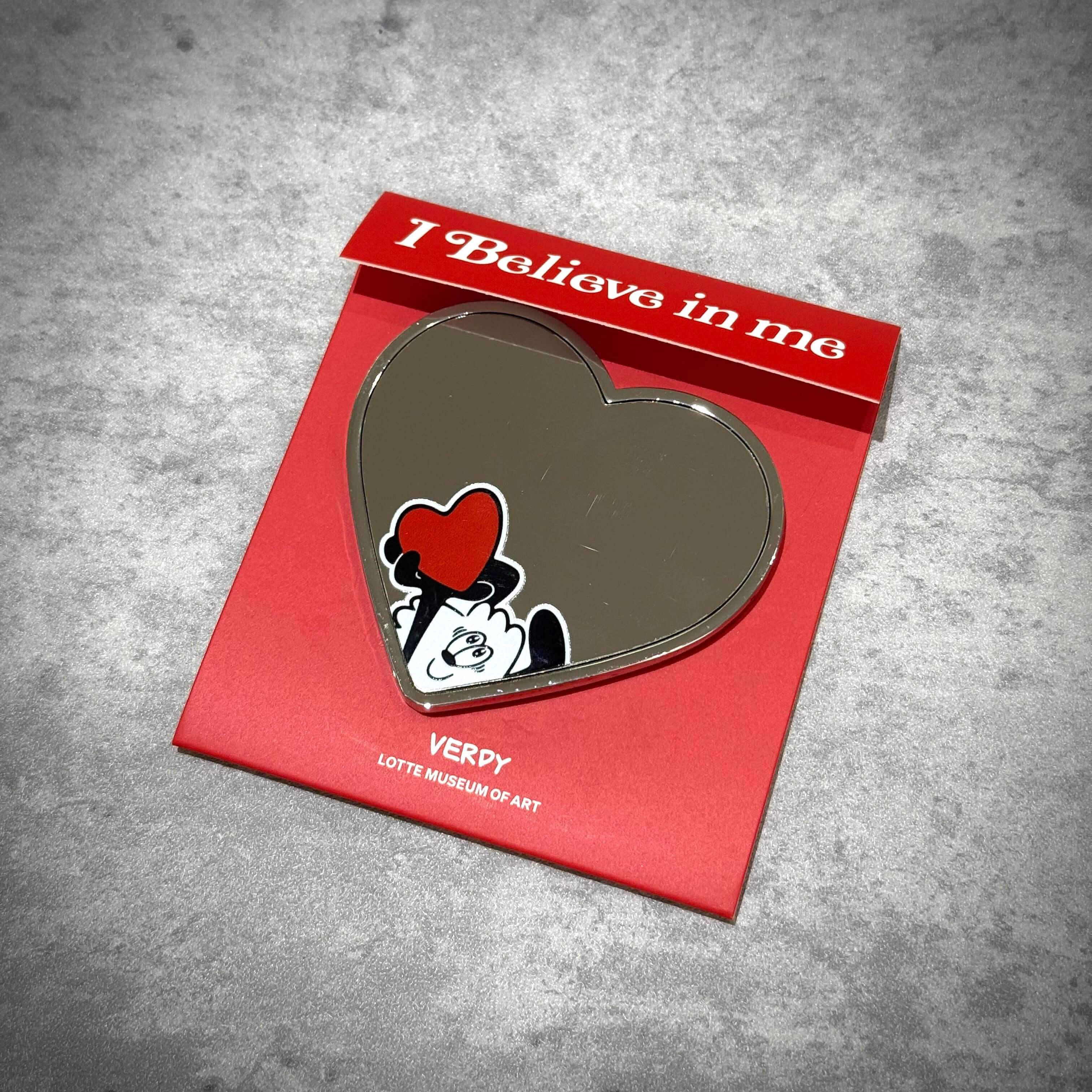 Verdy x Lottemuseum heart-shaped mirror with red packaging and 'I Believe in me' slogan.