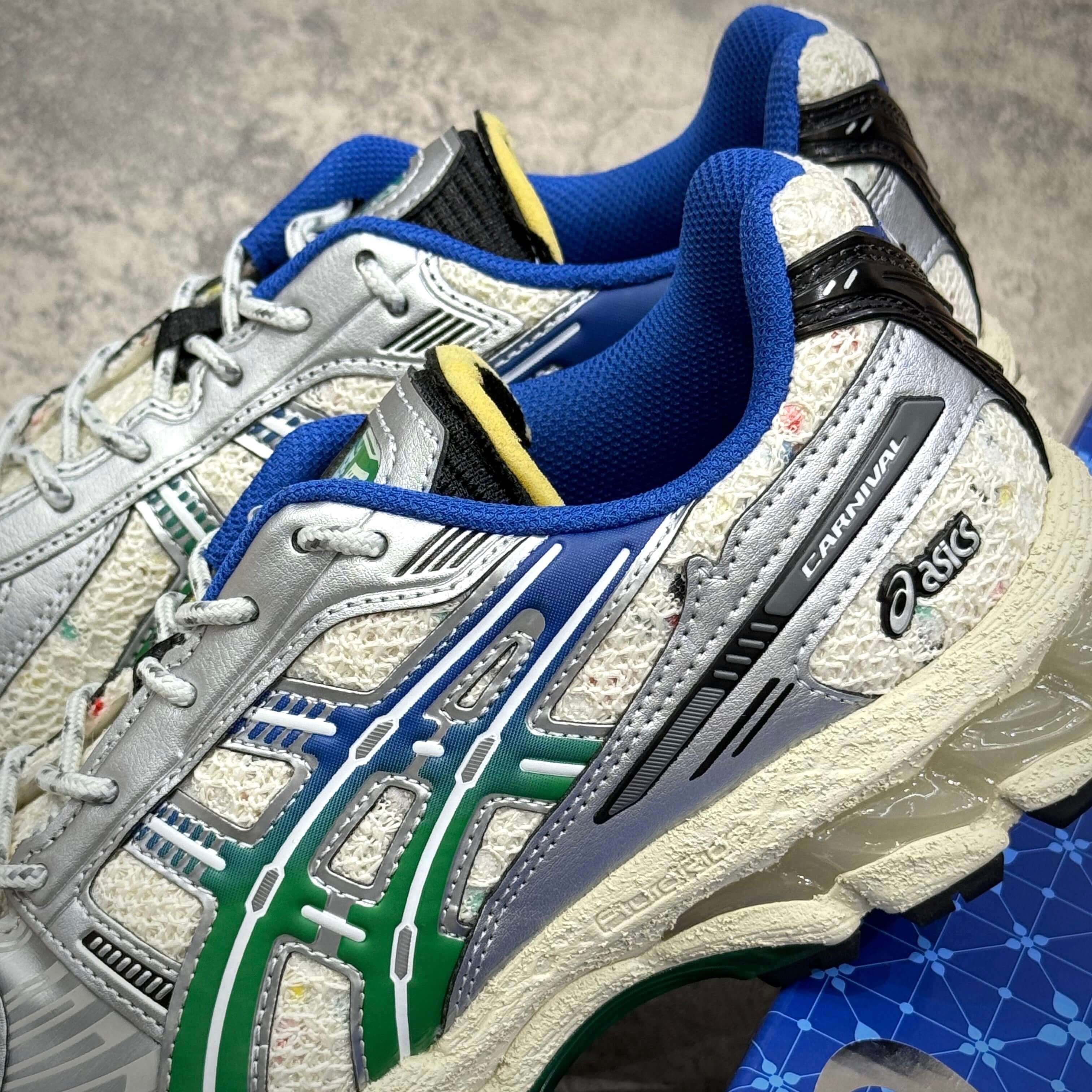 Carnival x Asics Gel Kayano 12.1 PHRA NAKHON sneakers featuring silver, blue, and green design details