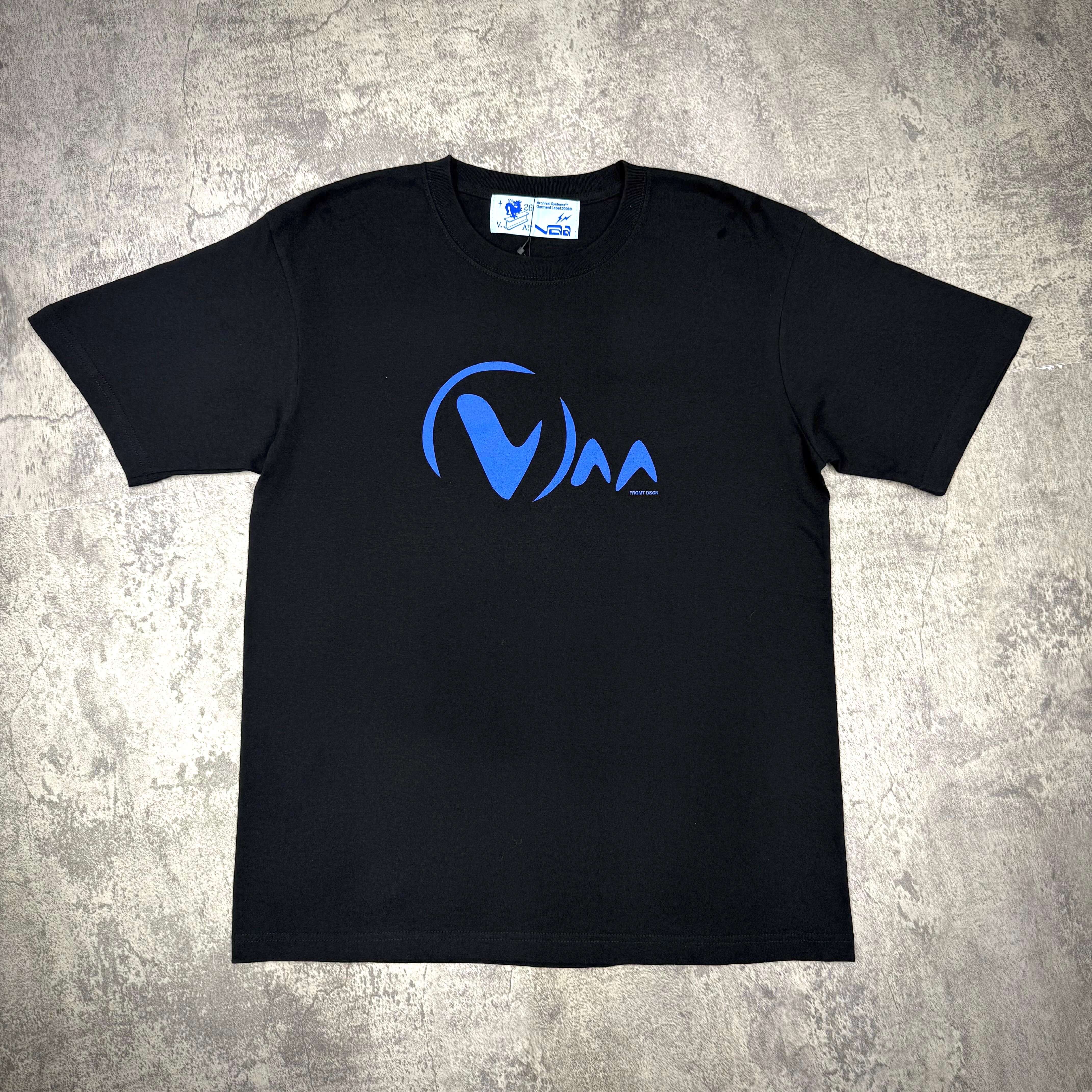 Fragment Design x Virgil Abloh Archive Logo Tee in black with blue graphic design on chest.