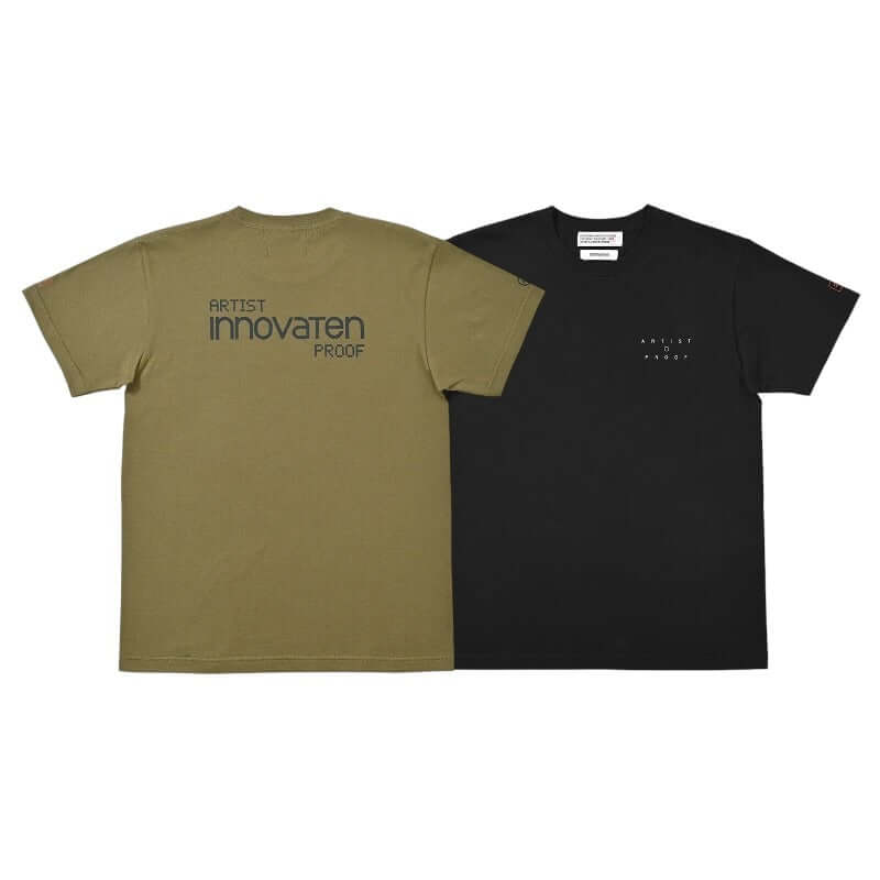 Artist Proof x Fragment x nonnative Innovaten Tee, featuring olive green and black colorways, displayed front and back.