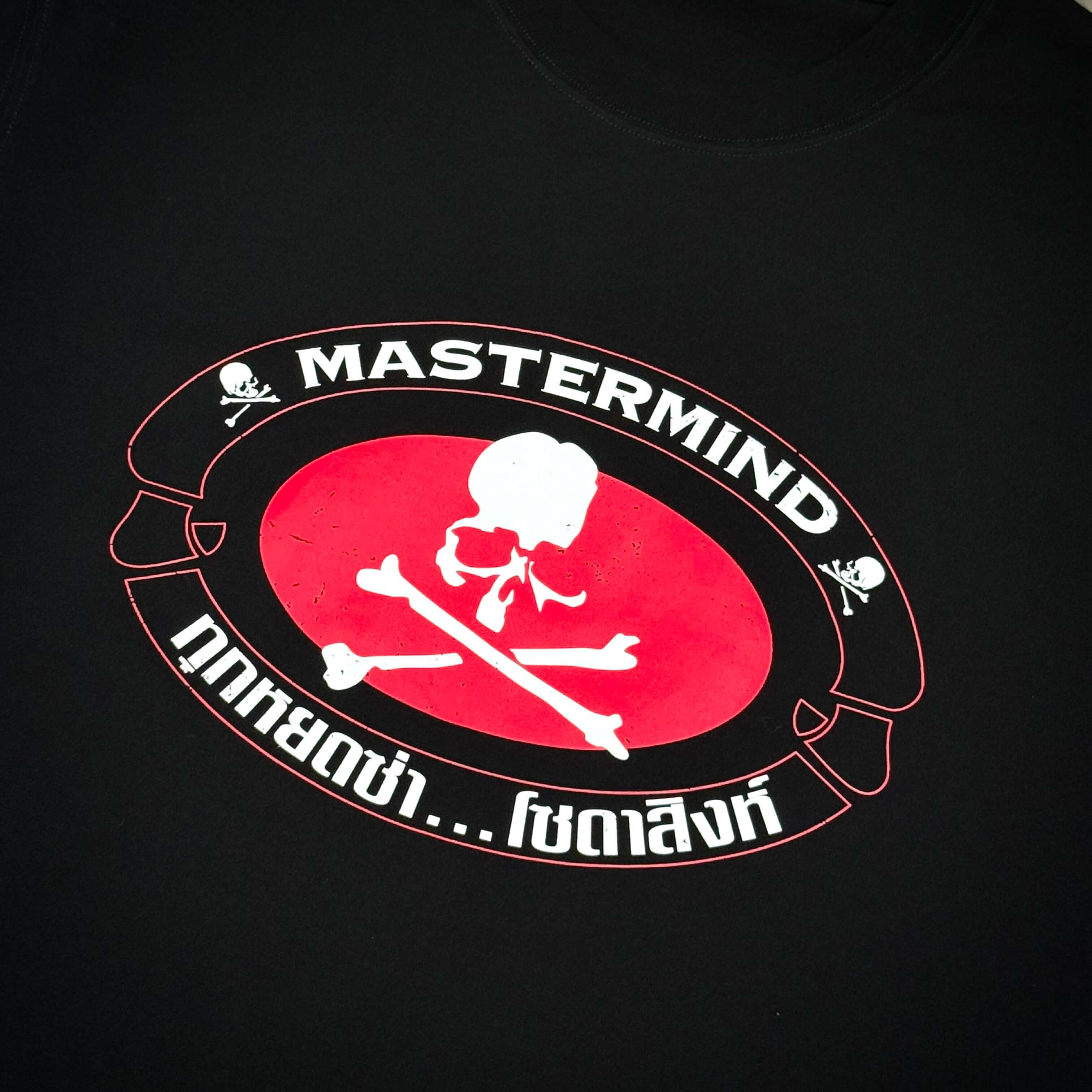 Singha Soda x Mastermind SS Tee #2 featuring a striking red and white skull design on a black fabric.