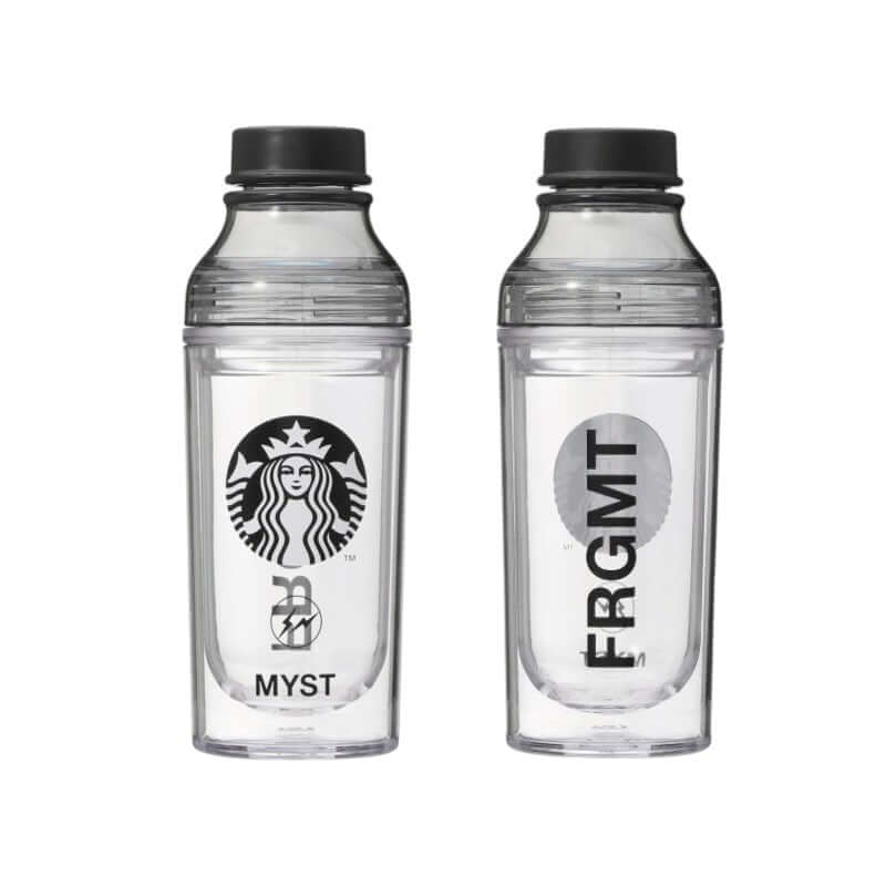 FRGMT MYST x STARBUCKS Double Wall Sunny Bottle showcasing the MYST and FRGMT logos on a clear design.
