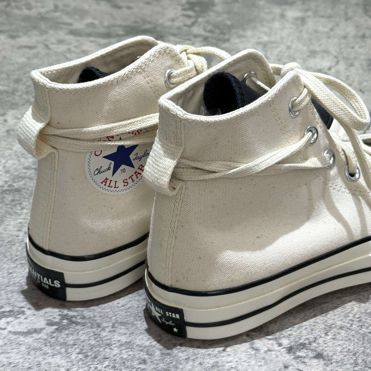 Fear Of God Essentials x Converse Chuck 70s Hi - White / Grey back view showing canvas and logo details.