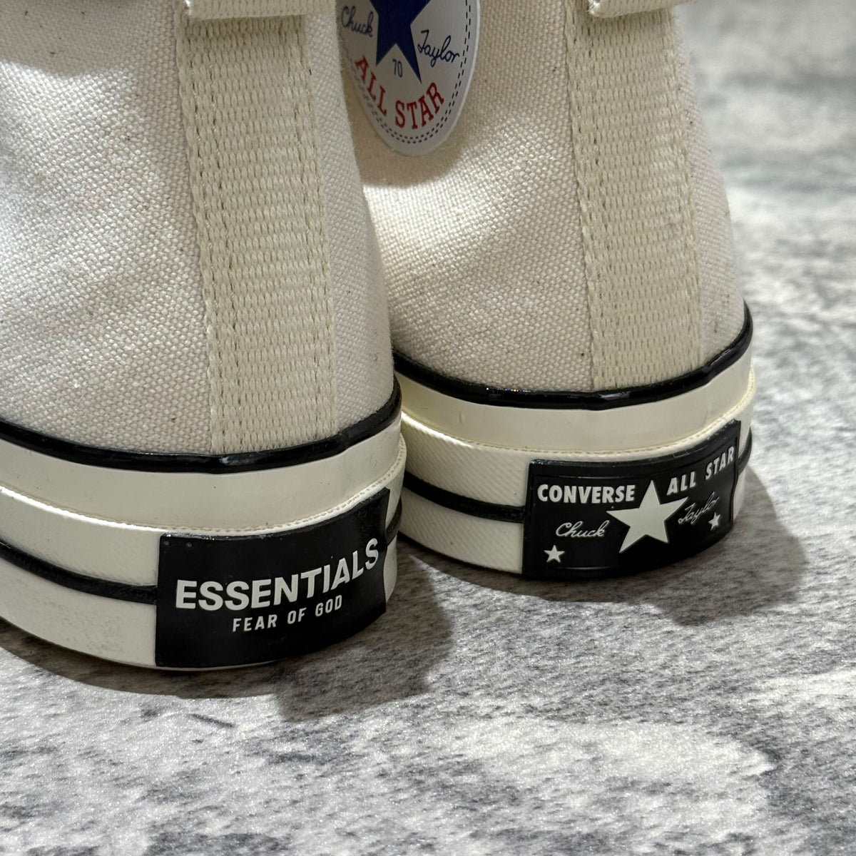Fear Of God Essentials x Converse Chuck 70s Hi - White / Grey showing the back detail and branding on the shoe.