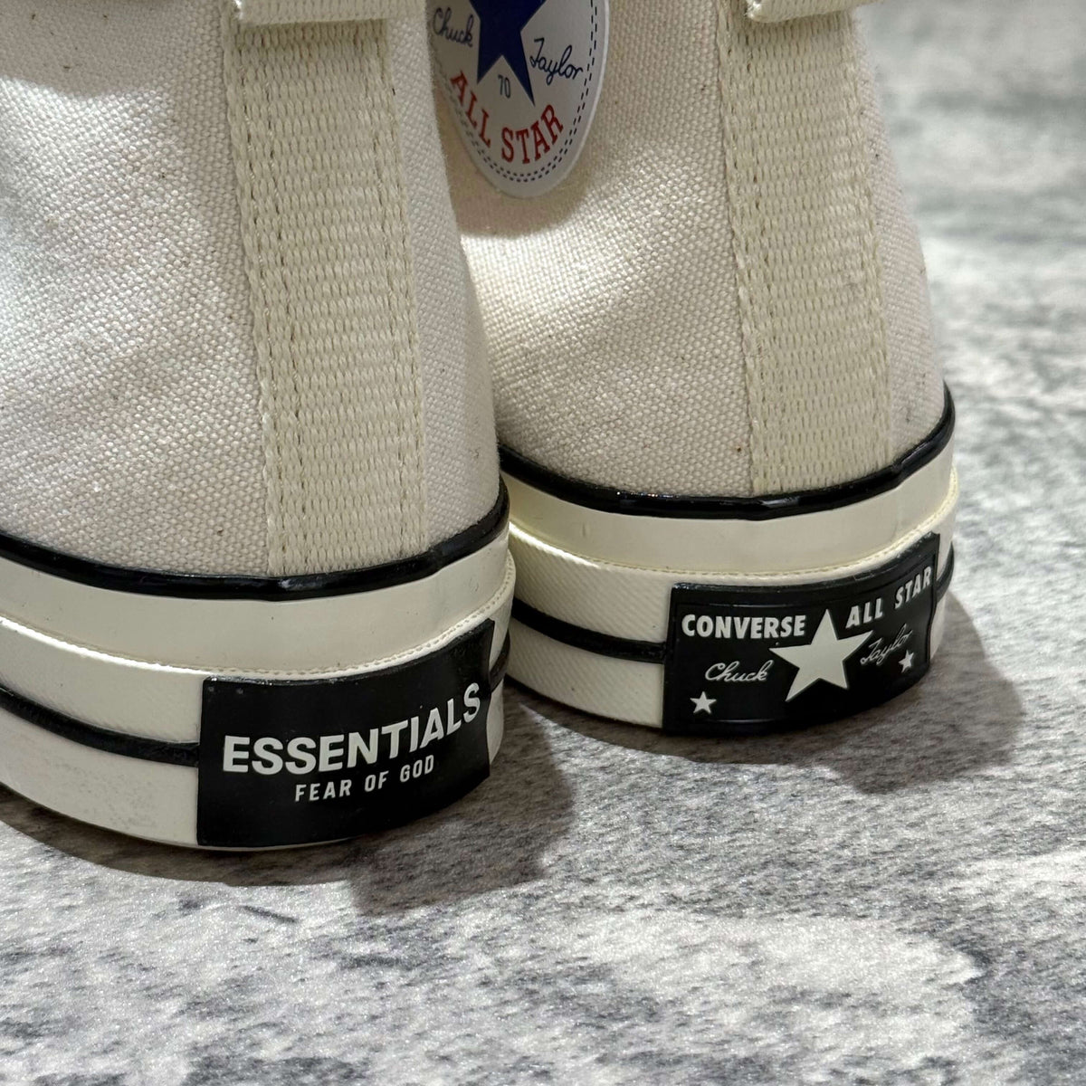 Fear Of God Essentials x Converse Chuck 70s Hi - White / Grey showing the back detail and branding on the shoe.
