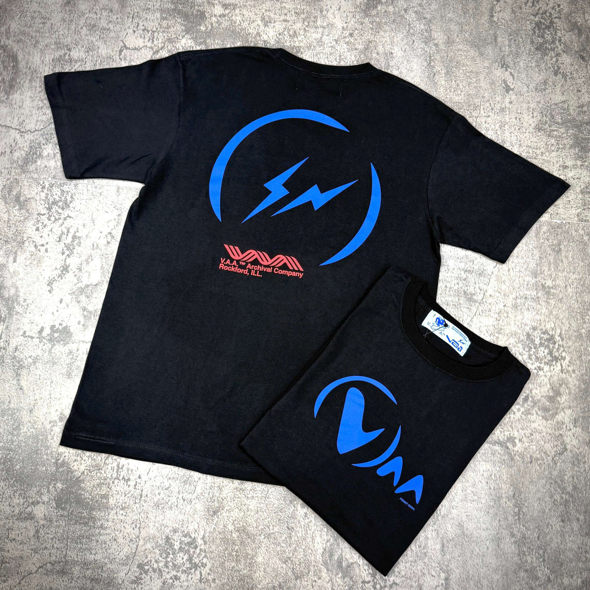 Fragment Design x Virgil Abloh Archive Logo Tee featuring graphic designs on black fabric.