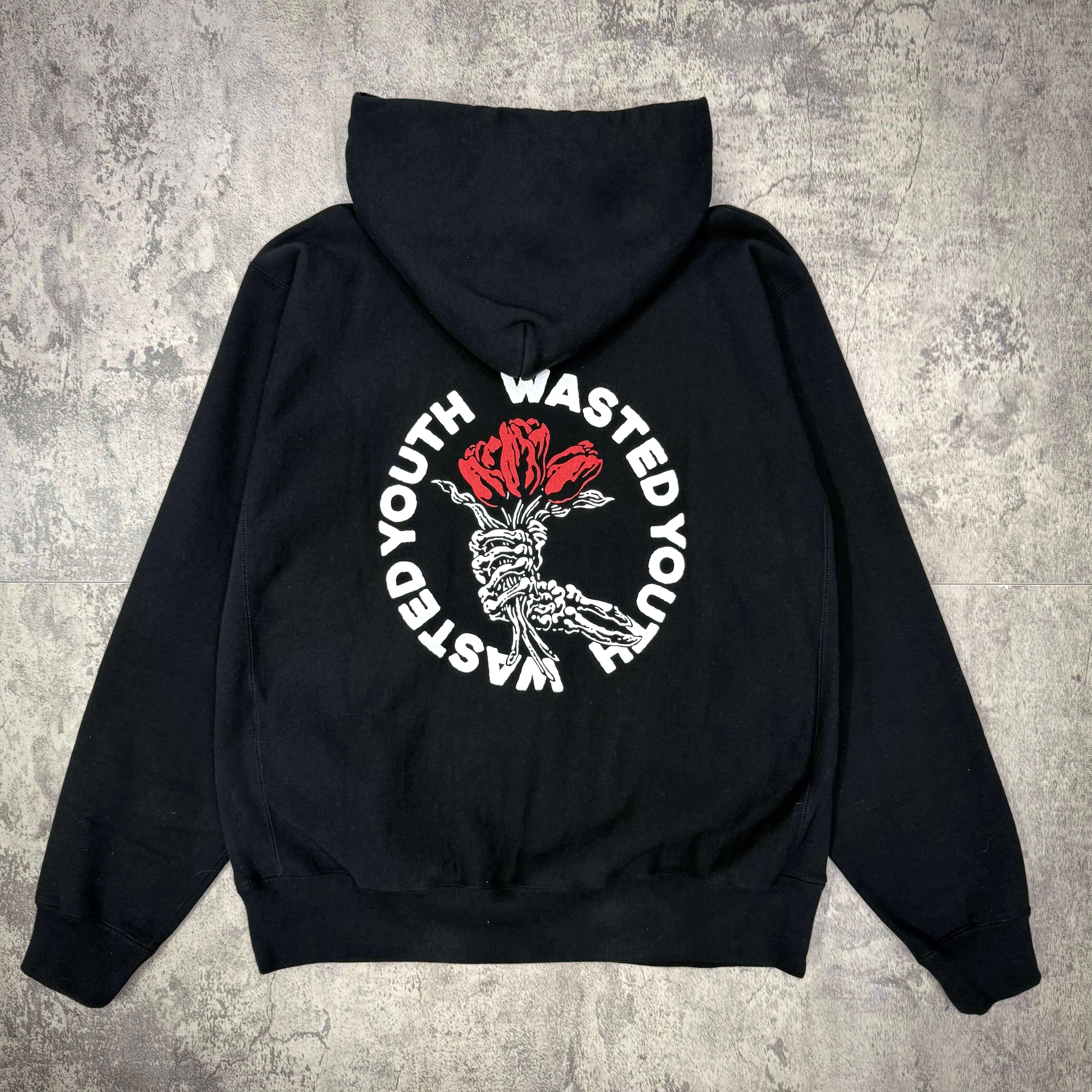 Wasted Youth Heavy Weight Hoodie #2 - Black with red rose graphic on back.