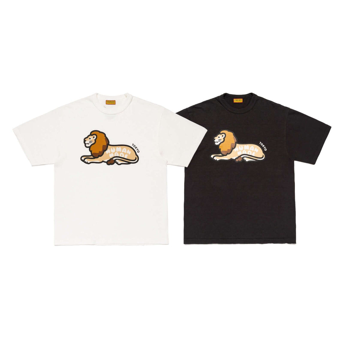 HUMAN MADE TOKYO Flagship Store Collection T-shirts in white and black featuring a lion graphic.