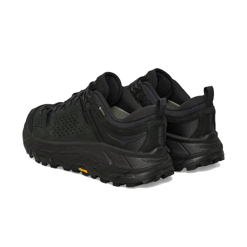 Hoka Tor Ultra Lo Gore-Tex - Black shoes showcasing the back view, featuring rugged design and durable materials.