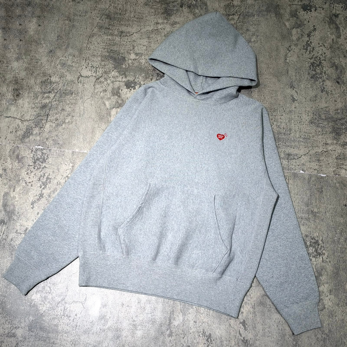 Human Made Shinsaibashi Exclusive Tiger Heavyweight Hoodie in gray with a red heart logo on chest.