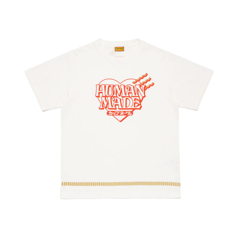 Human Made Cup Noodle Graphic Tee XX32TE002 featuring a heart graphic and ramen chopsticks on a white background.