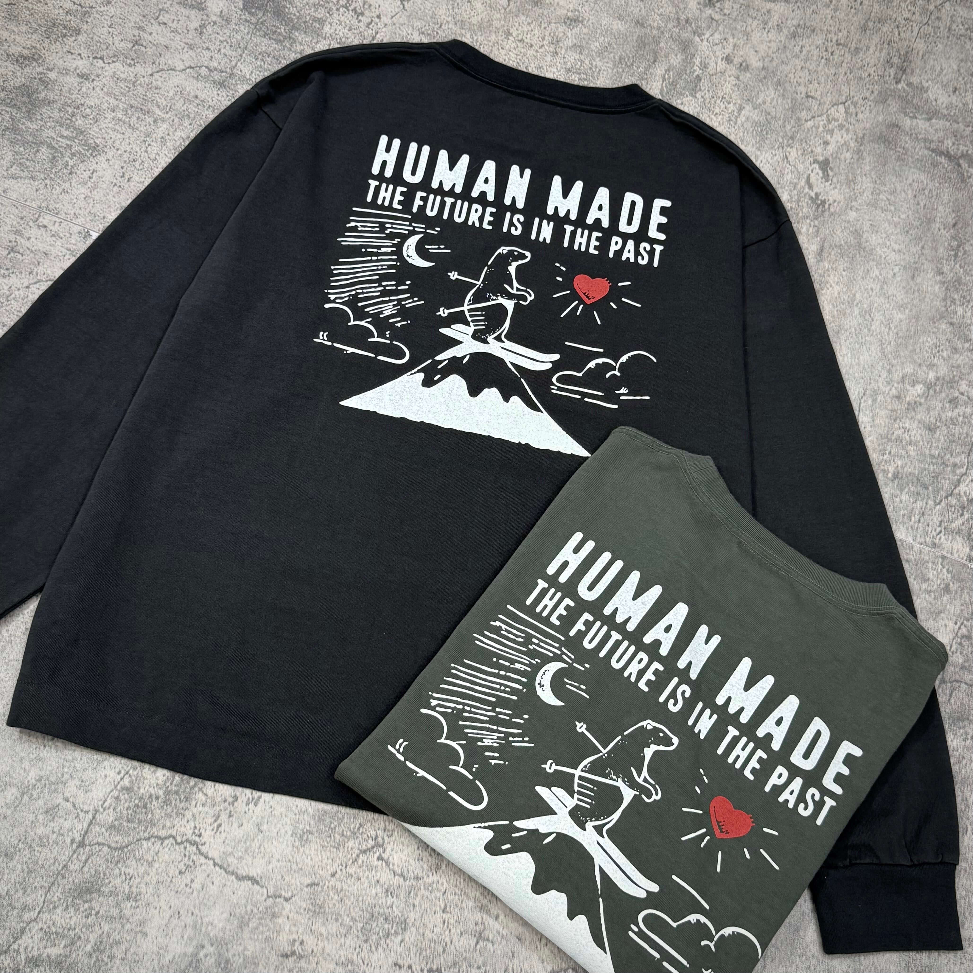 現貨 Human Made Graphic LS Tee HM30CS027 - Black / Charcoal展示黑色和綠色環保長袖T恤背面印刷設計