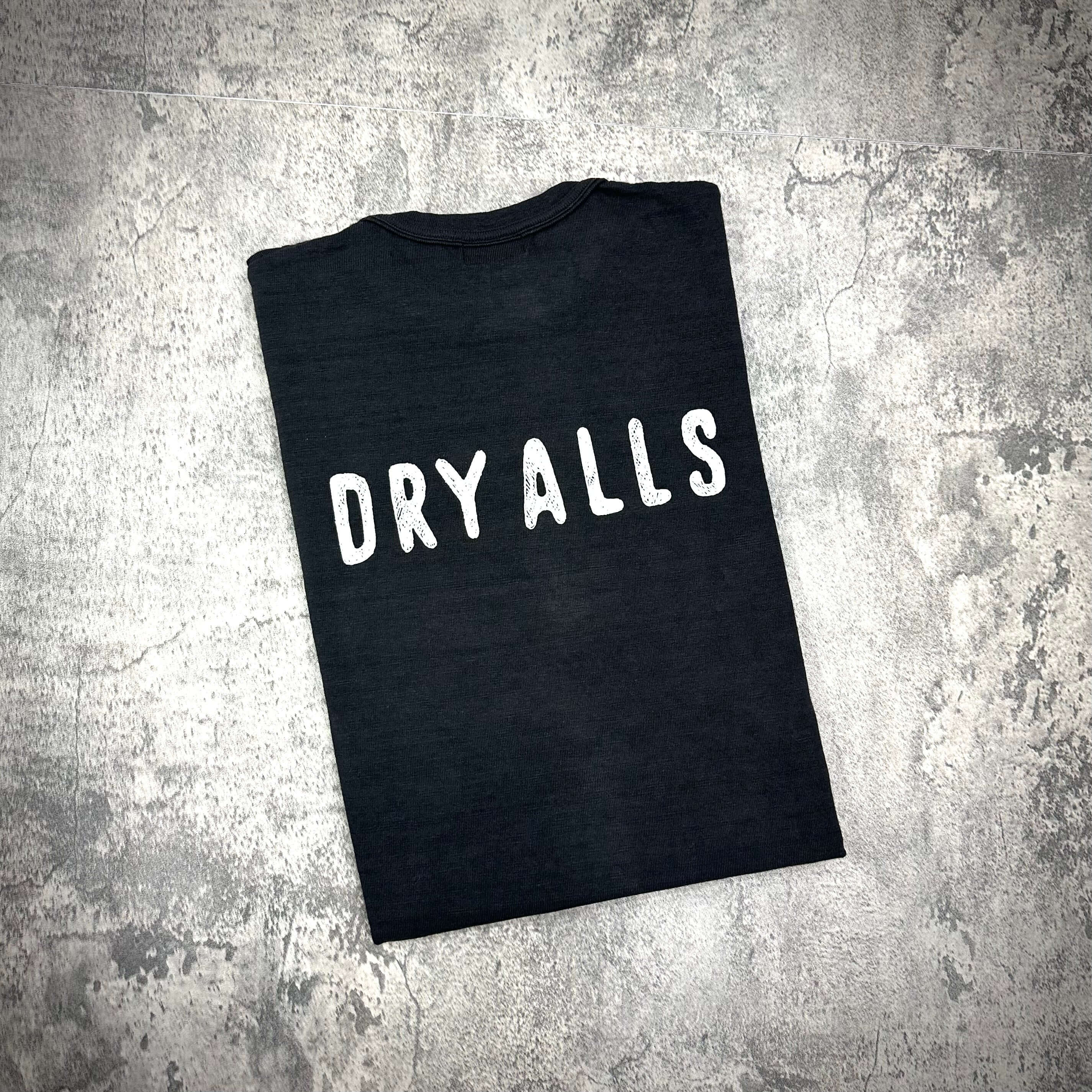 Black t-shirt with the text 'DRY ALLS' displayed prominently on the front.