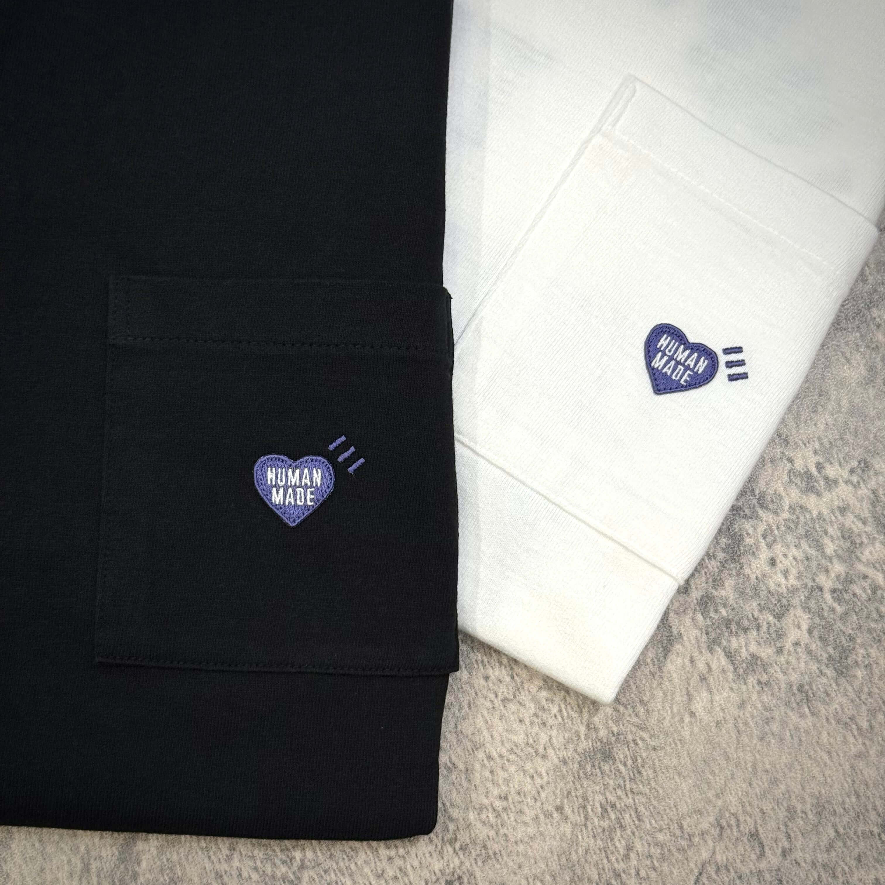 Human Made Jamsil Exclusive Heart Pocket Tee featuring heart logo on black and white fabric.