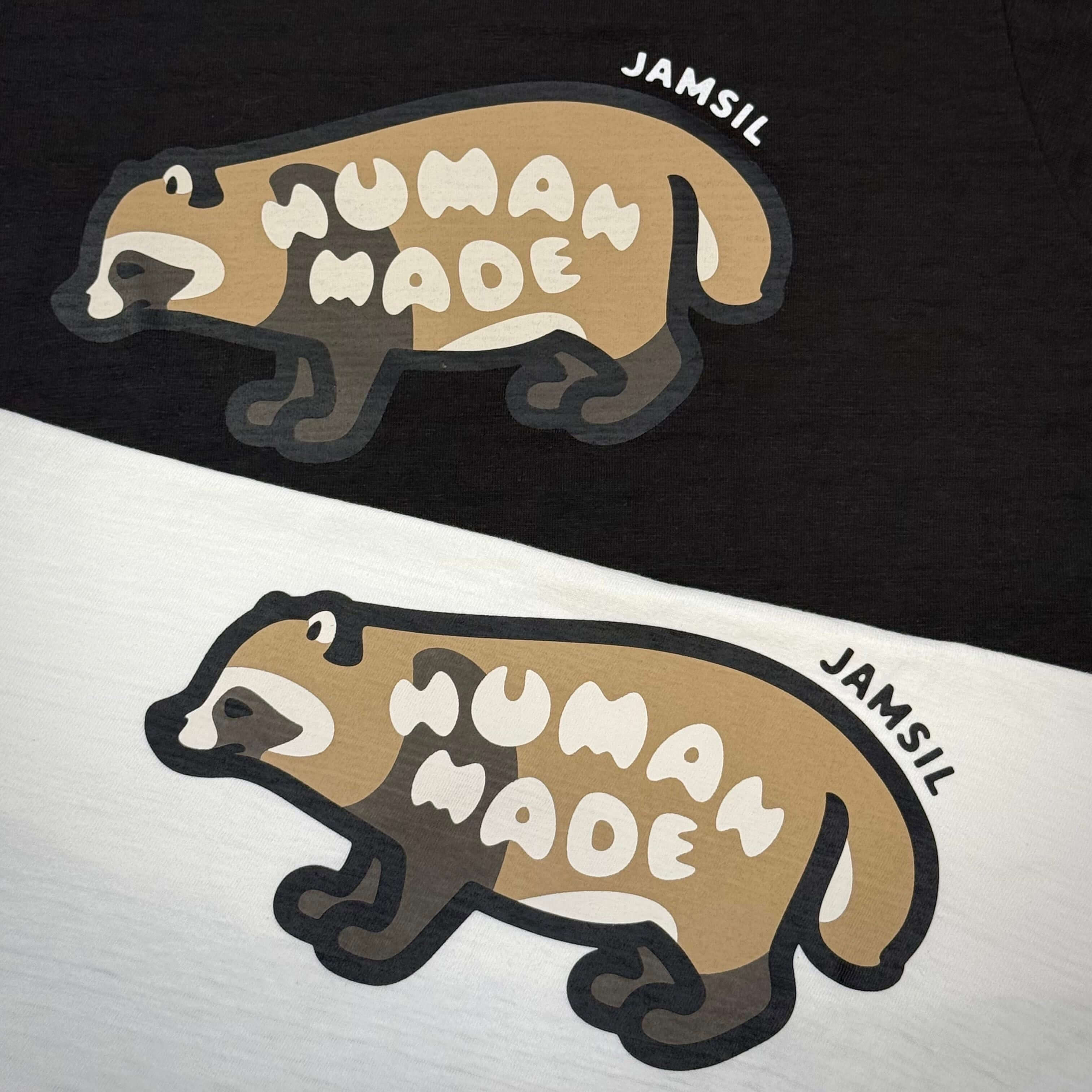 Human Made Jamsil Exclusive Raccon Tee featuring a raccoon graphic design on black and white fabric.