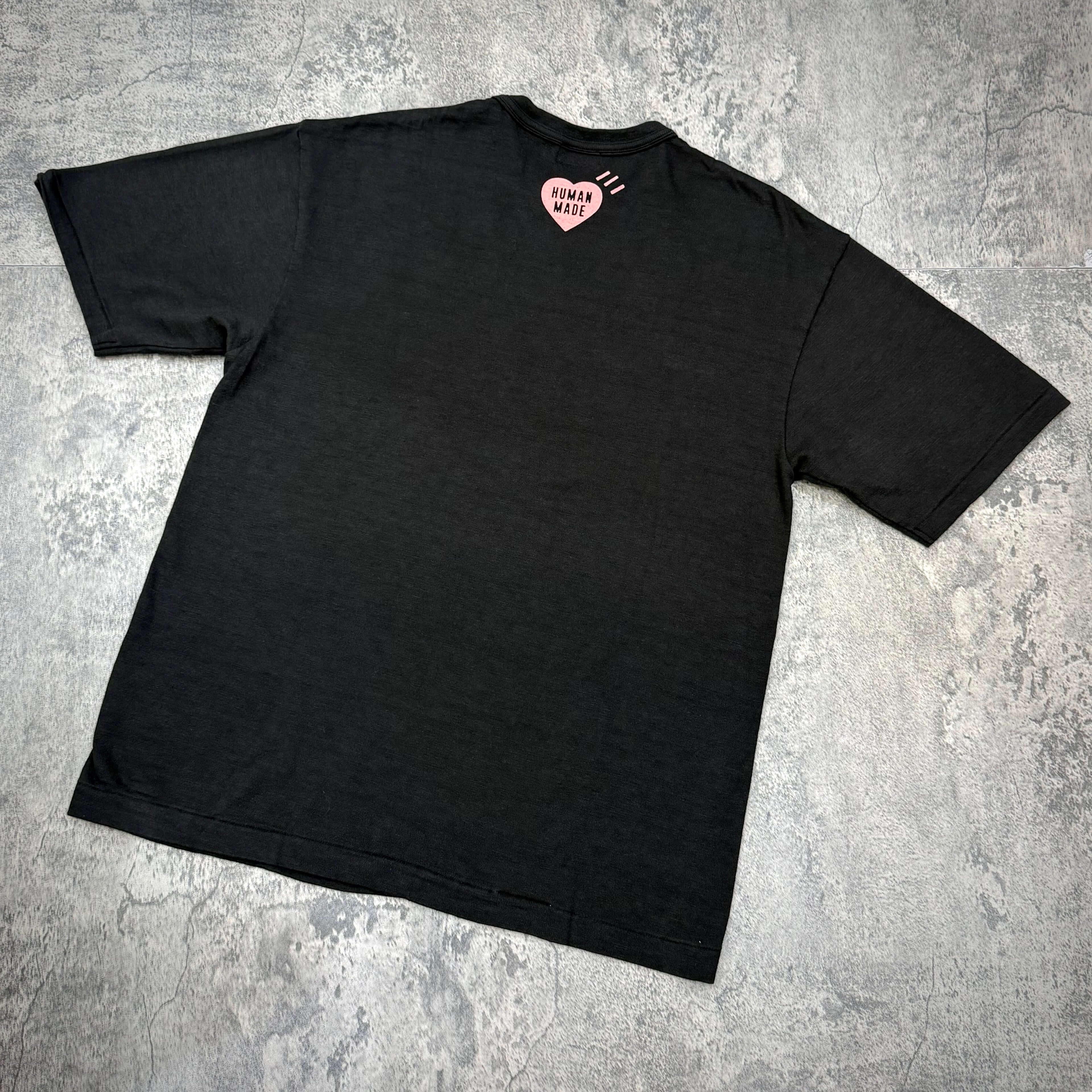 Back view of the Human Made Seoul Exclusive Jindo Dog Tee featuring heart logo and unique design.