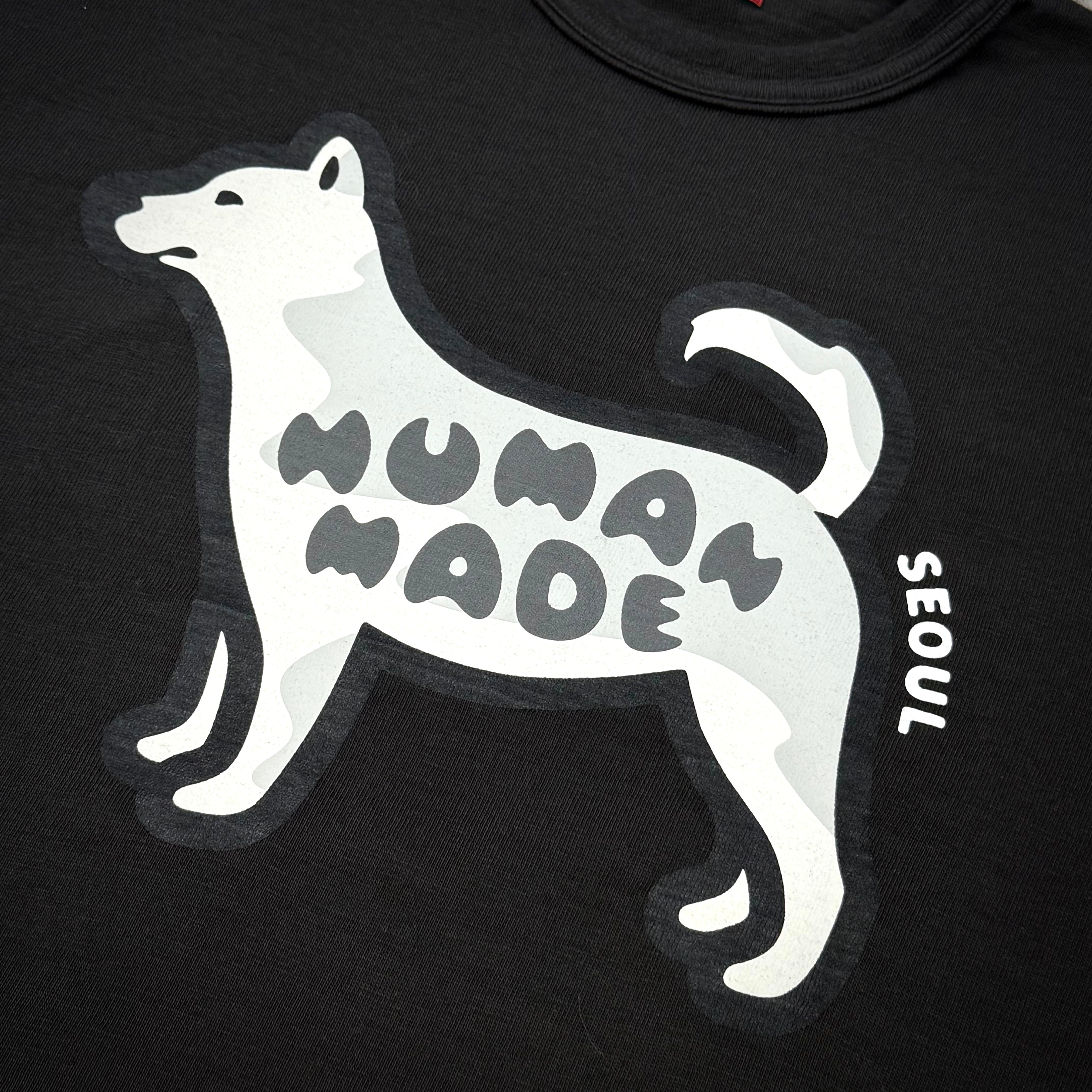 Human Made Seoul Exclusive Jindo Dog Tee design featuring a silhouette of a dog with 'Human Made' text.