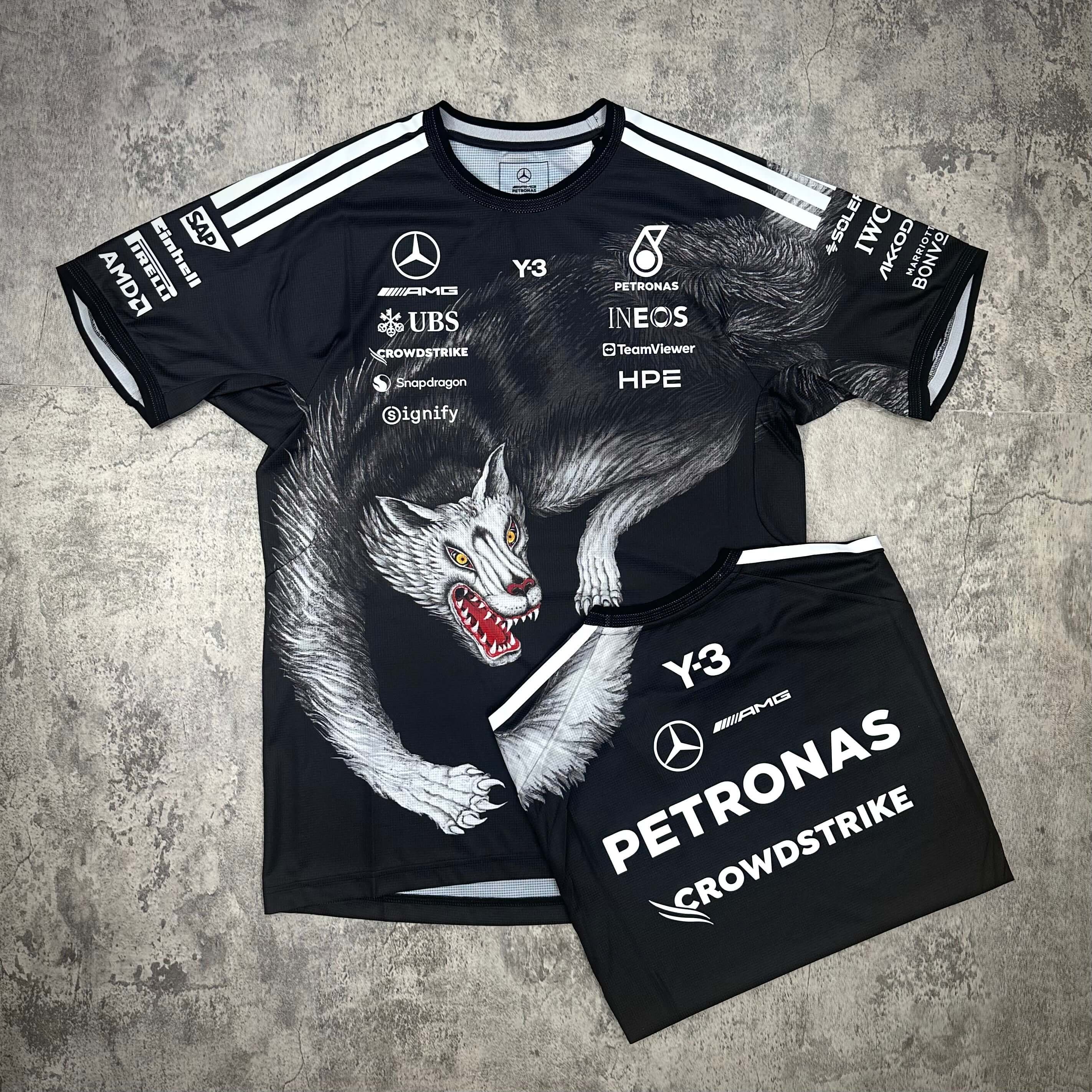 Y-3 x Mercedes AMG Petronas F1 Driver Jersey featuring striking wolf design and sponsor logos.