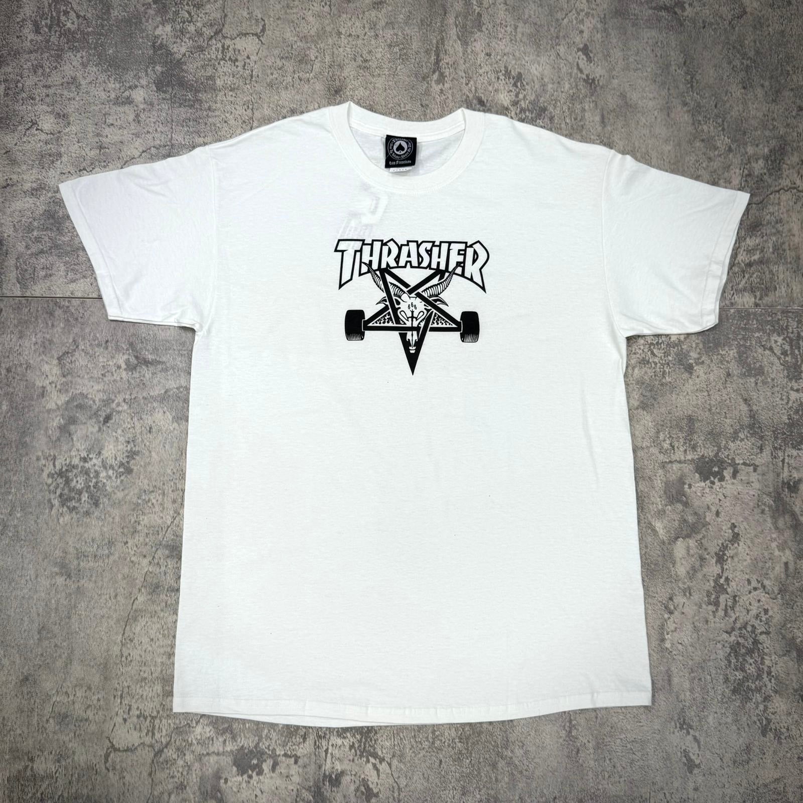 Thrasher Skate Goat Tee in white featuring bold graphics and a skateboarding theme.