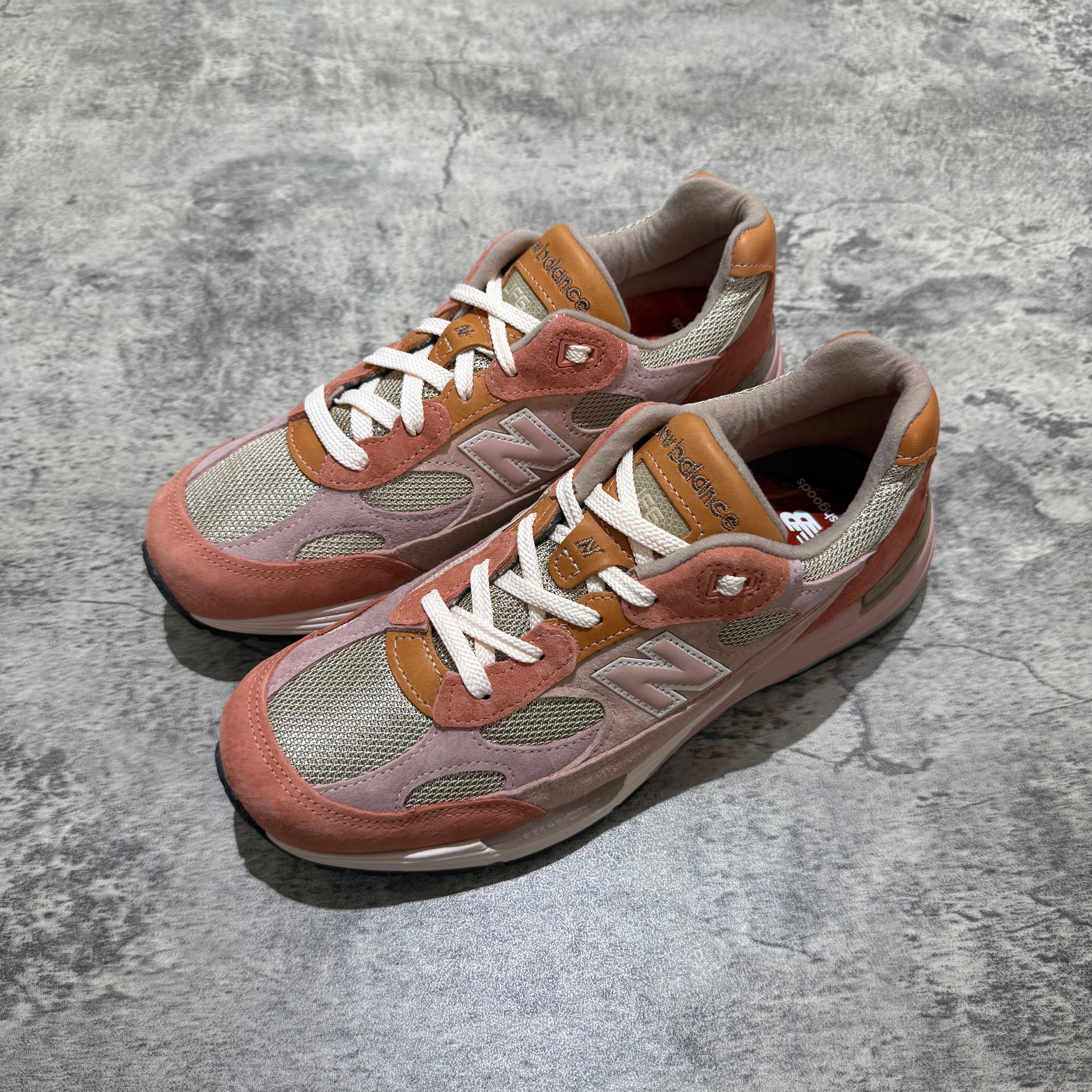 Joe Freshgoods x New Balance Made in USA 992 shoes in light pink and orange colorway, featuring mesh and suede details.