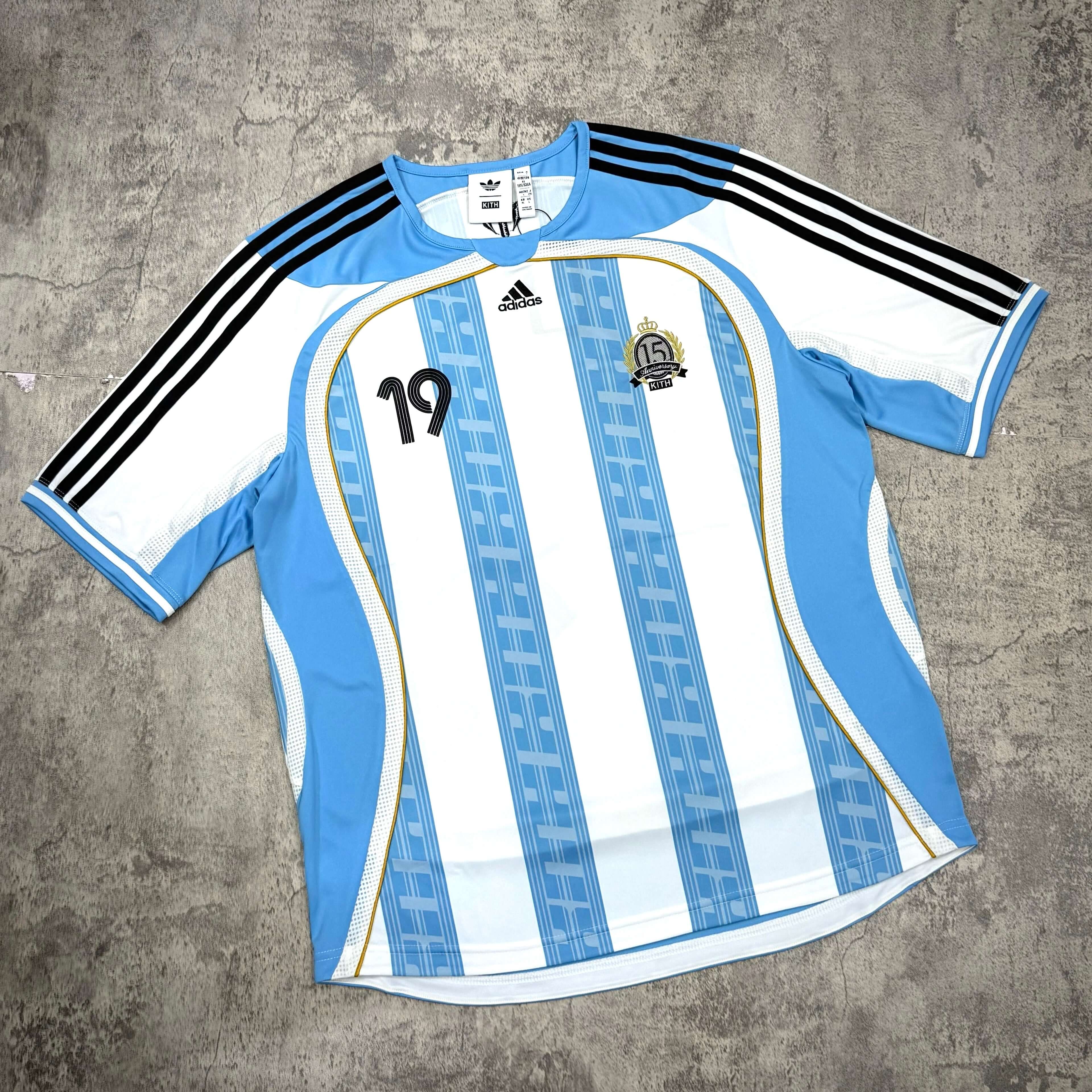 KITH x MESSI for adidas Football Jersey - Blue White layout showing blue and white stripes with number 19.