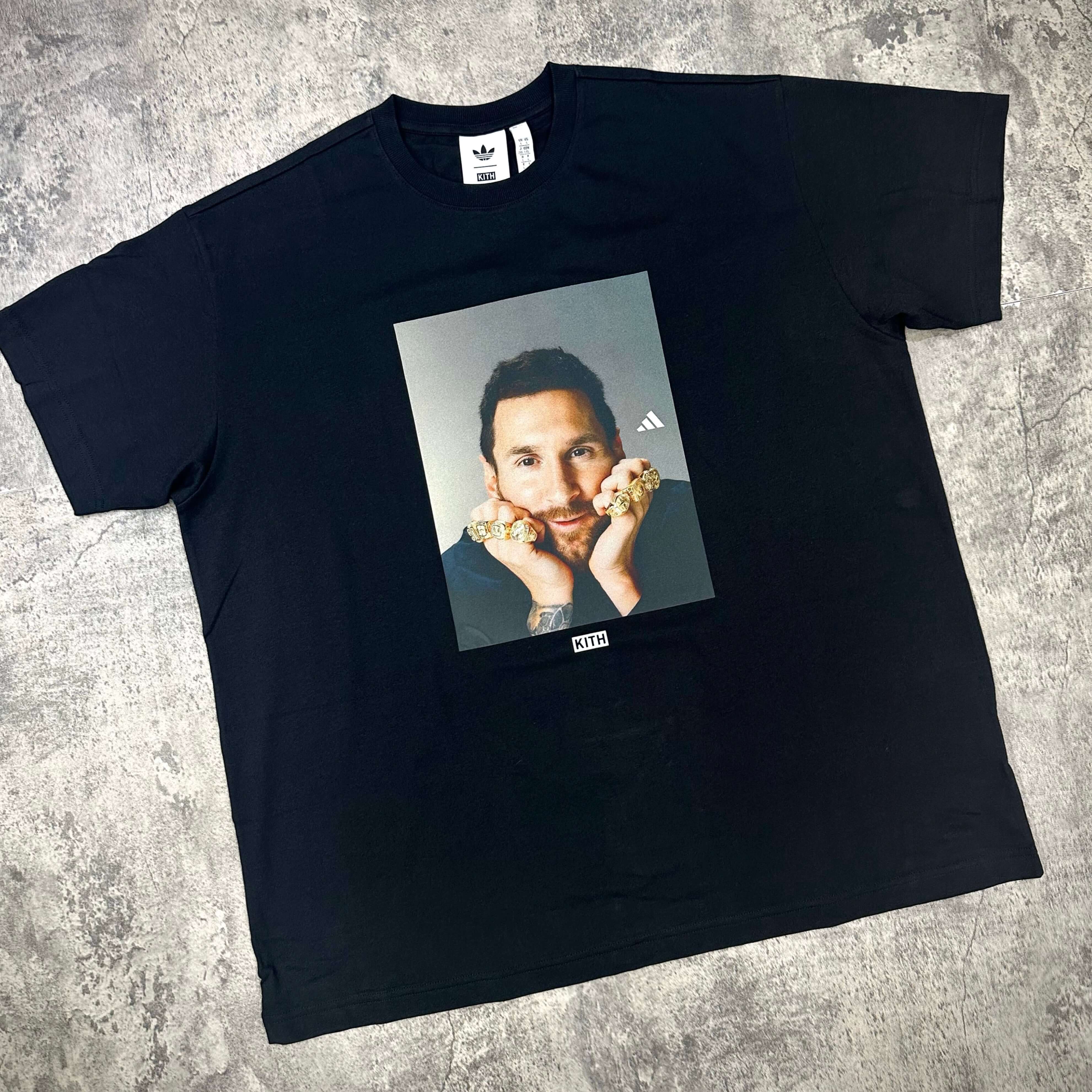 KITH x MESSI for adidas Football Ring Photo Tee featuring a portrait of Messi on a black shirt.