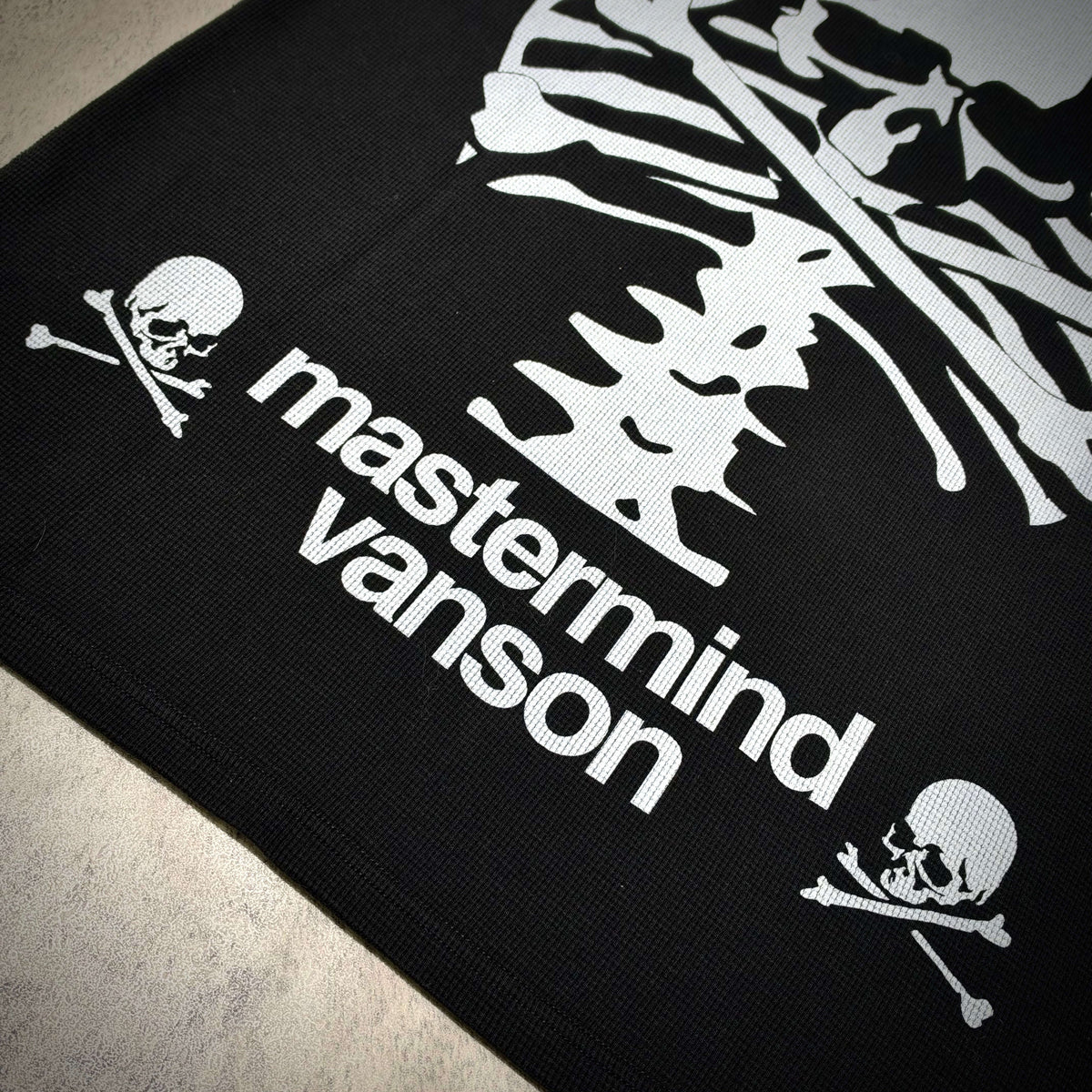 Mastermind World x Vanson Regular Fit Tee graphic featuring skull and crossbones design in white on a black background.